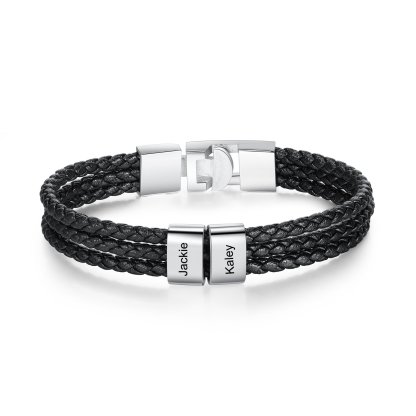 Personalised Braided Leather Bracelet Engraved 2 Names Men's Bracelet Gifts For Him-Jessemade AU