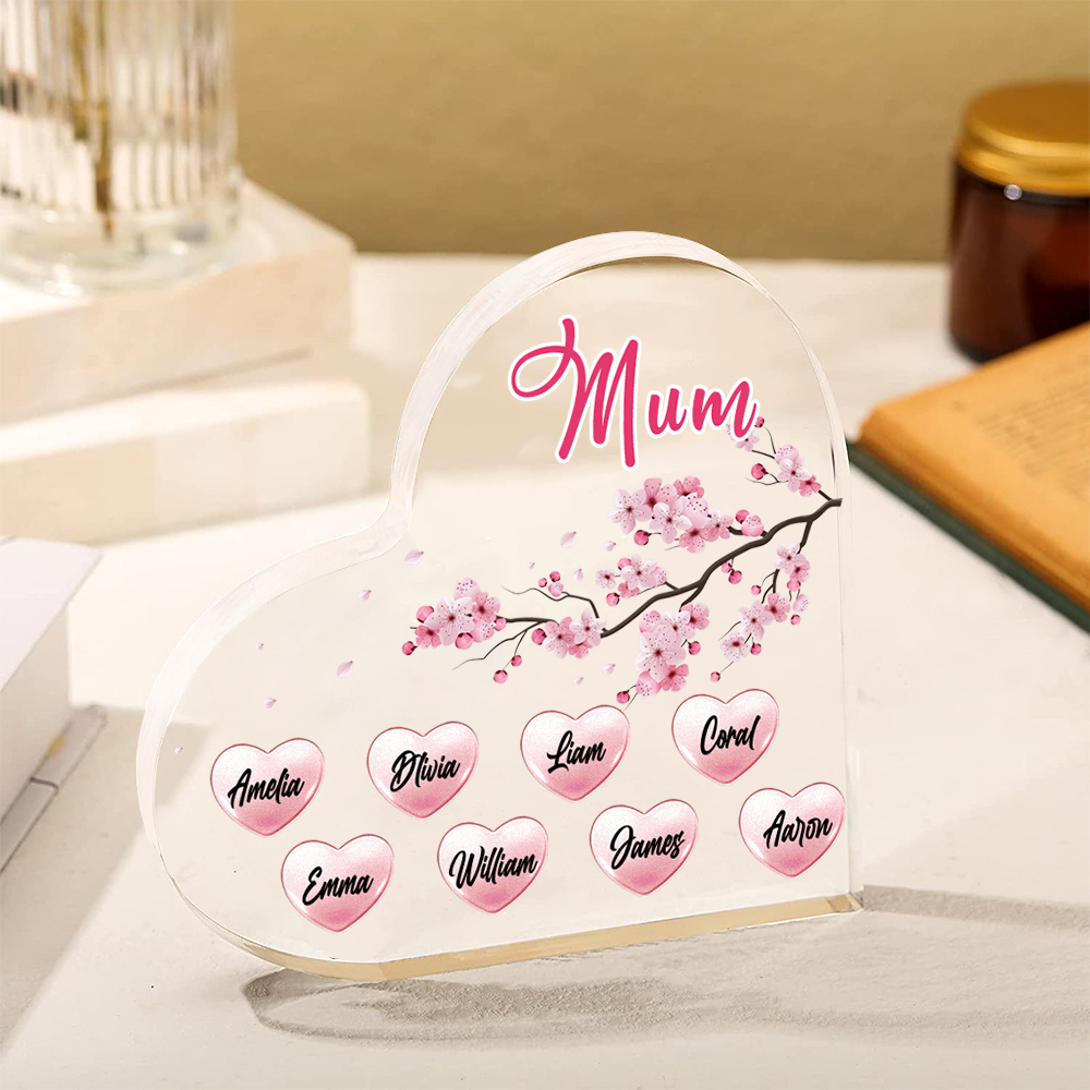 8 Names - Personalised Acrylic Heart Keepsake Custom Text Peach Blossom Ornaments Gifts for Grandma/Mother-Jessemade AU