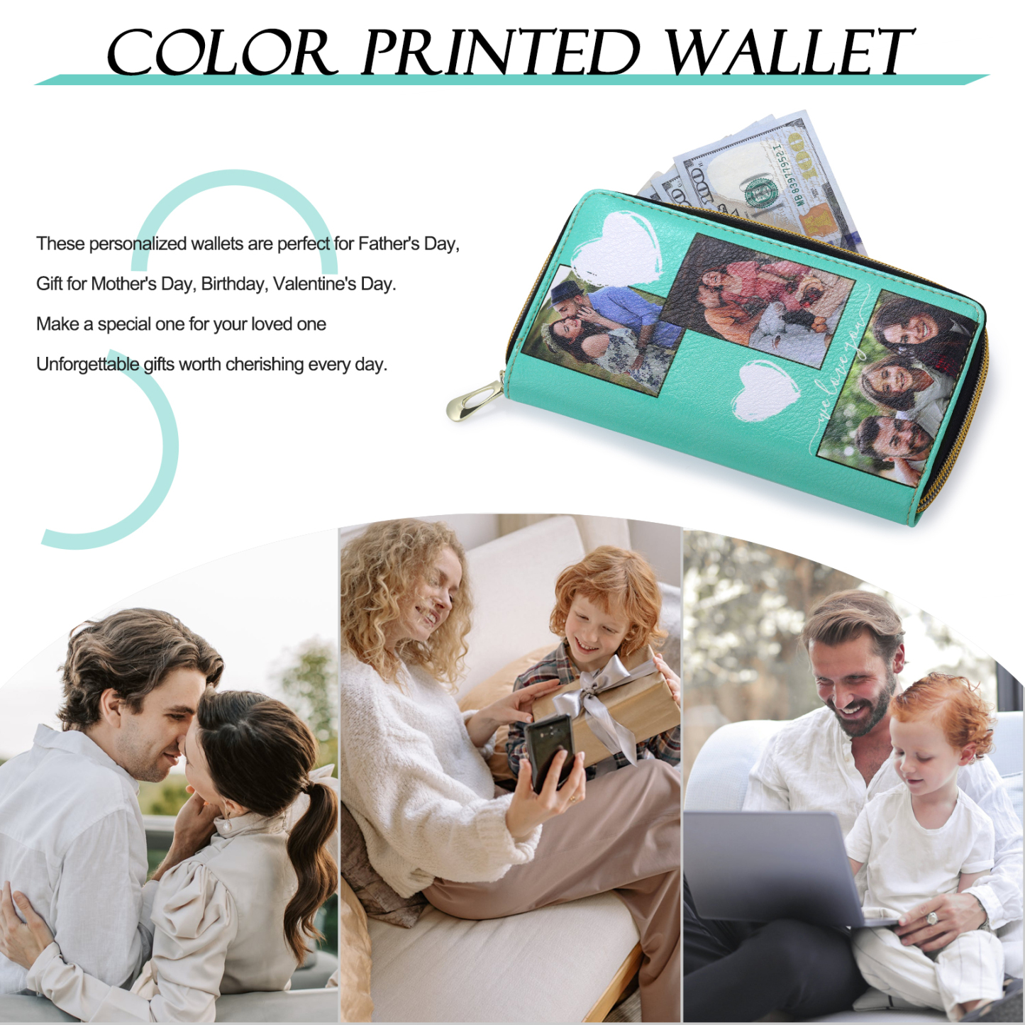 Long Purse Personalised Leather Wallet Engraved 6 Photos Zip Wallet Gifts for Her-Jessemade AU