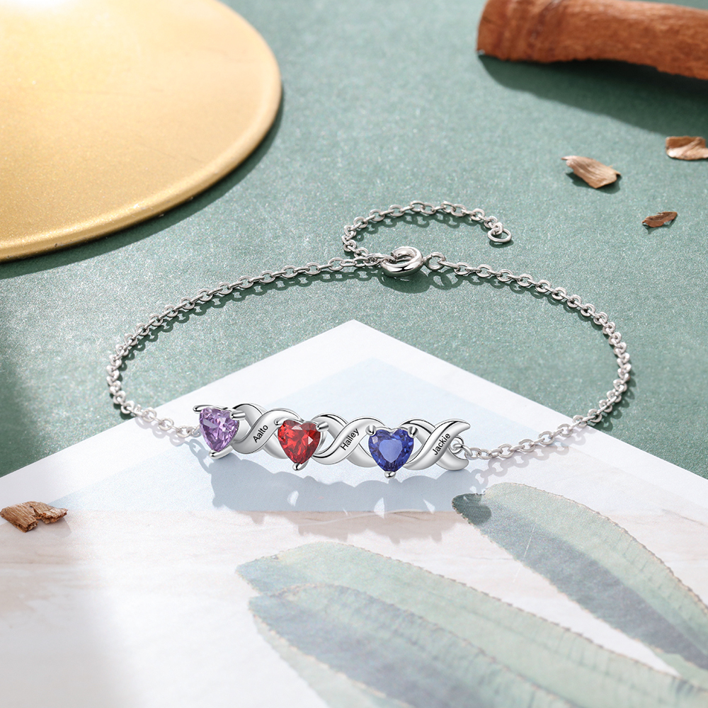 Family Custom Bracelet Heart Personalised with 3 Birthstones Gift Box Set-Jessemade AU