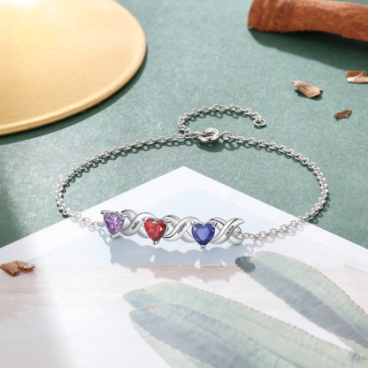 Family Custom Bracelet Heart Personalised with 3 Birthstones Gift Box Set-Jessemade AU