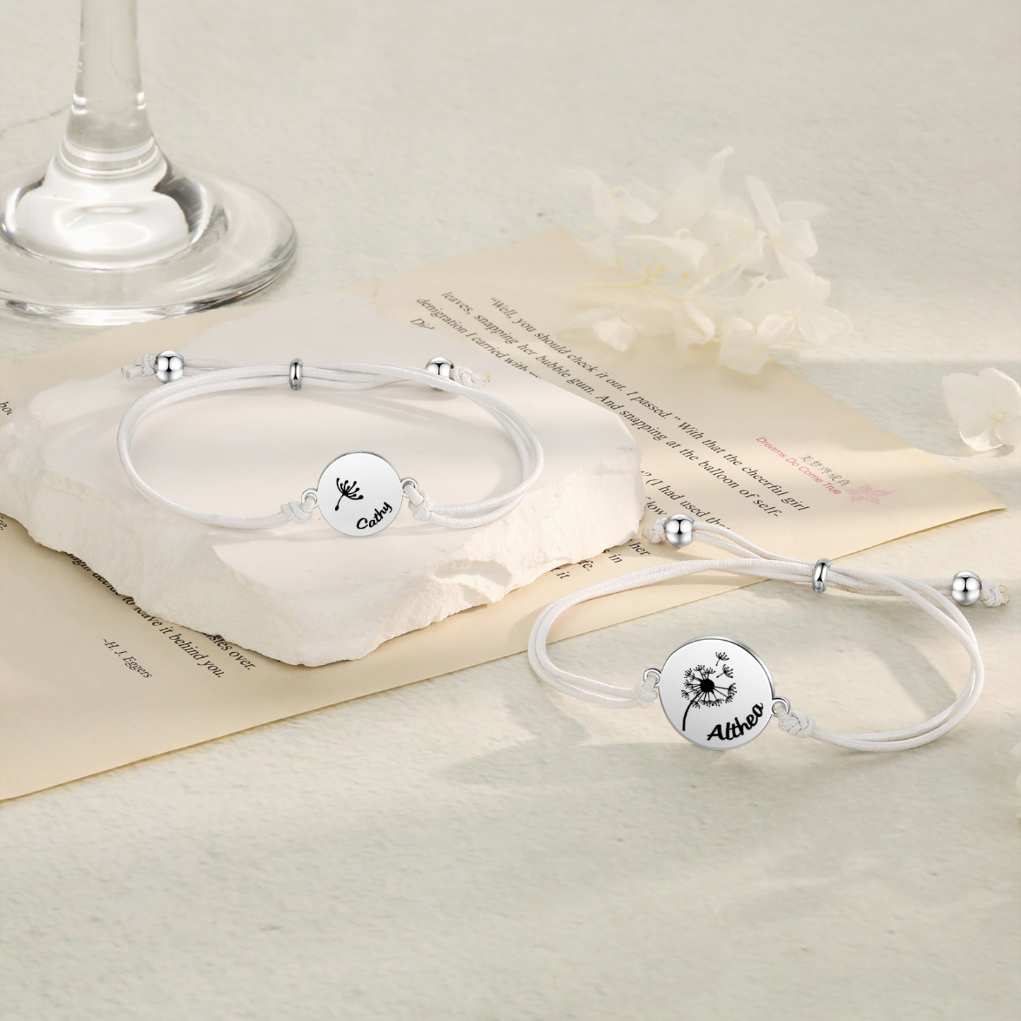 2 Pcs Dandelion Bracelet Set Custom 2 Names Adjustable Bracelets Back to School Gifts for Daughter-Jessemade AU