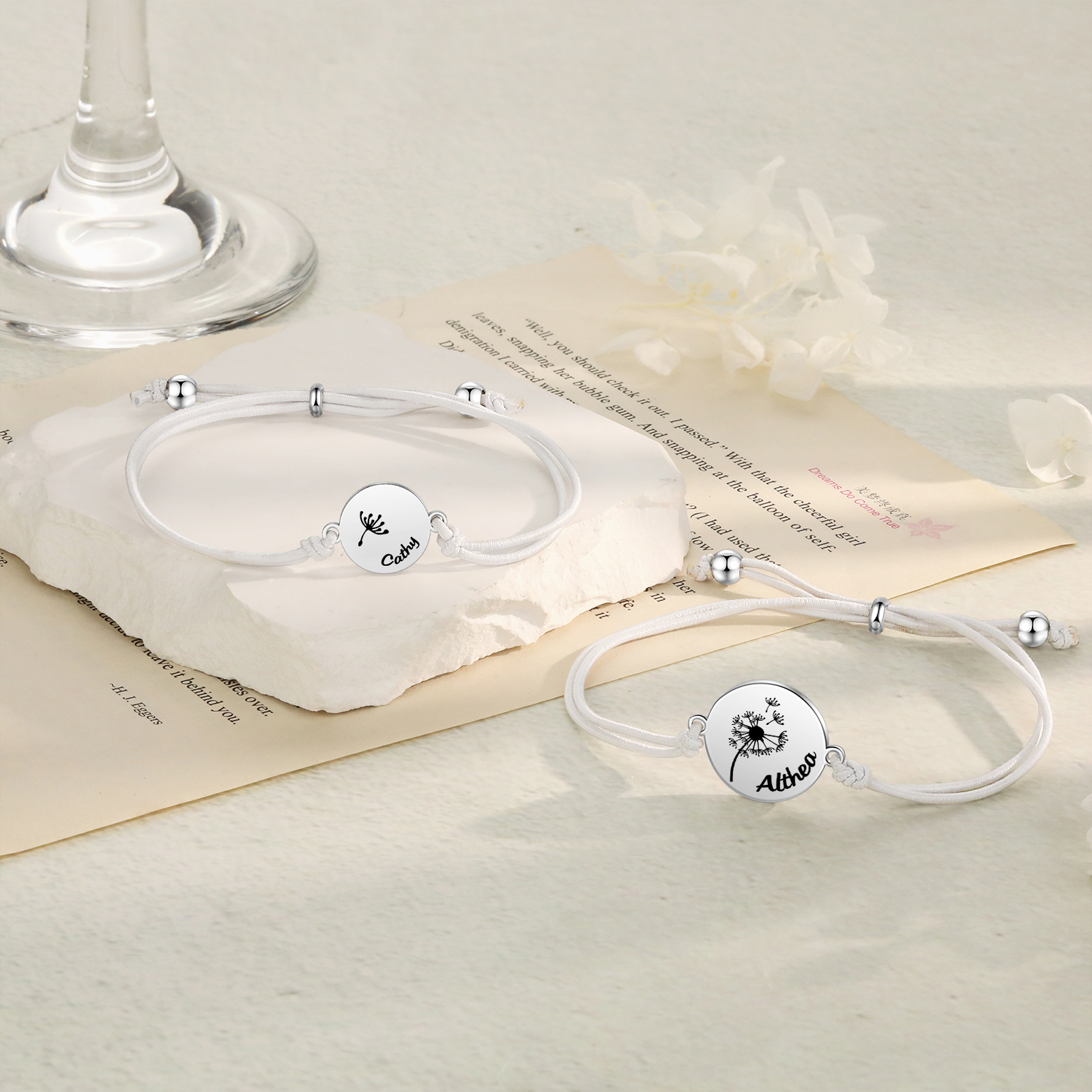 2 Pcs Dandelion Bracelet Set Custom 2 Names Adjustable Bracelets Back to School Gifts for Daughter-Jessemade AU