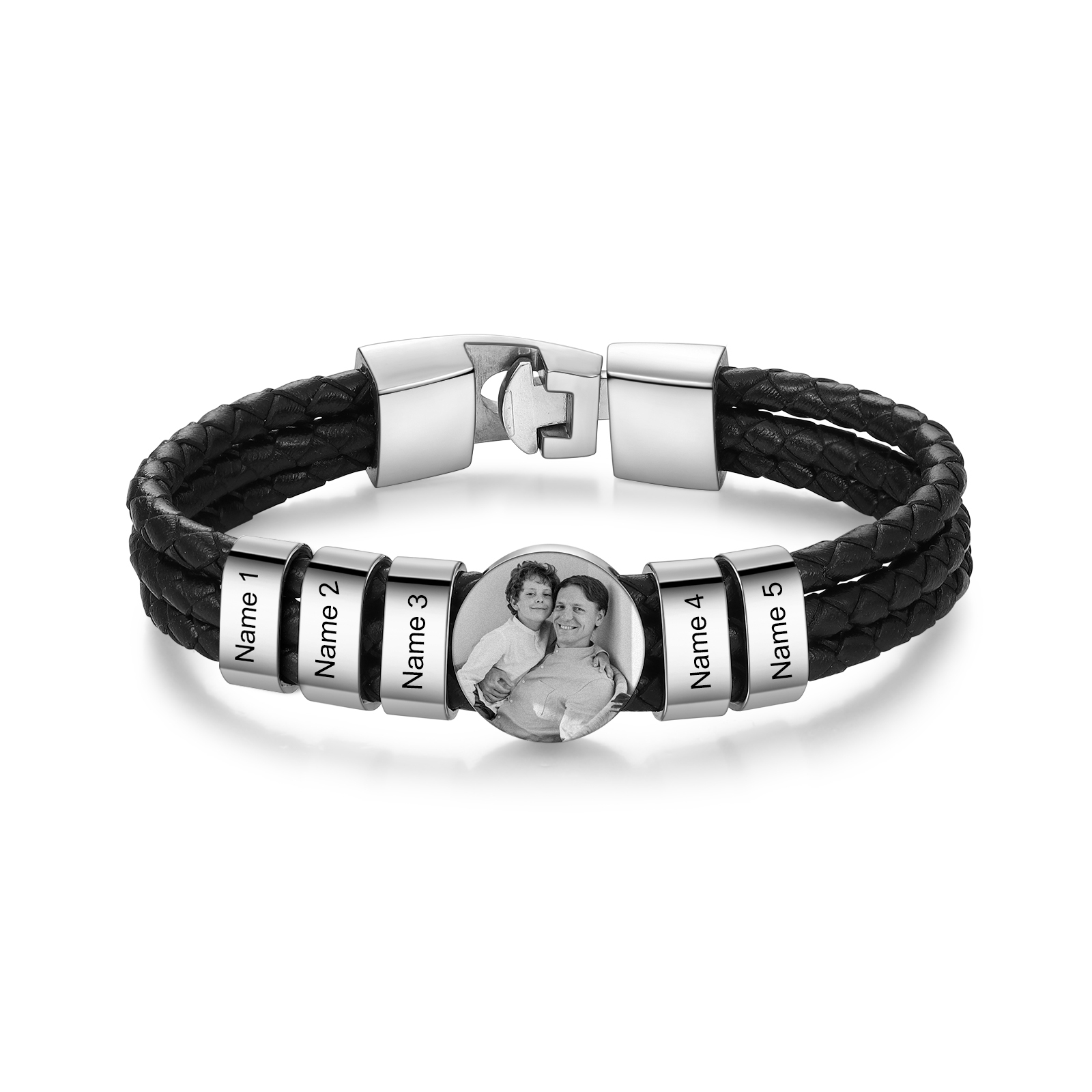 Personalised Men's Leather Bracelet Custom 5 Names & 1 Photo Braided Bracelet Father's Day Gifts for Him-Jessemade AU