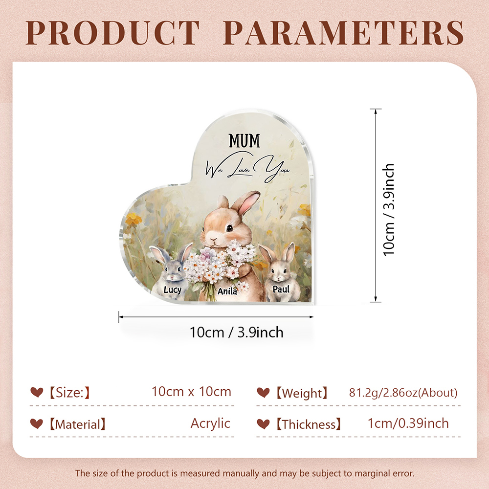 3 Names - Personalised Acrylic Heart Keepsake Custom Text Bunny Family Ornament Gift for Mother/Grandma-Jessemade AU