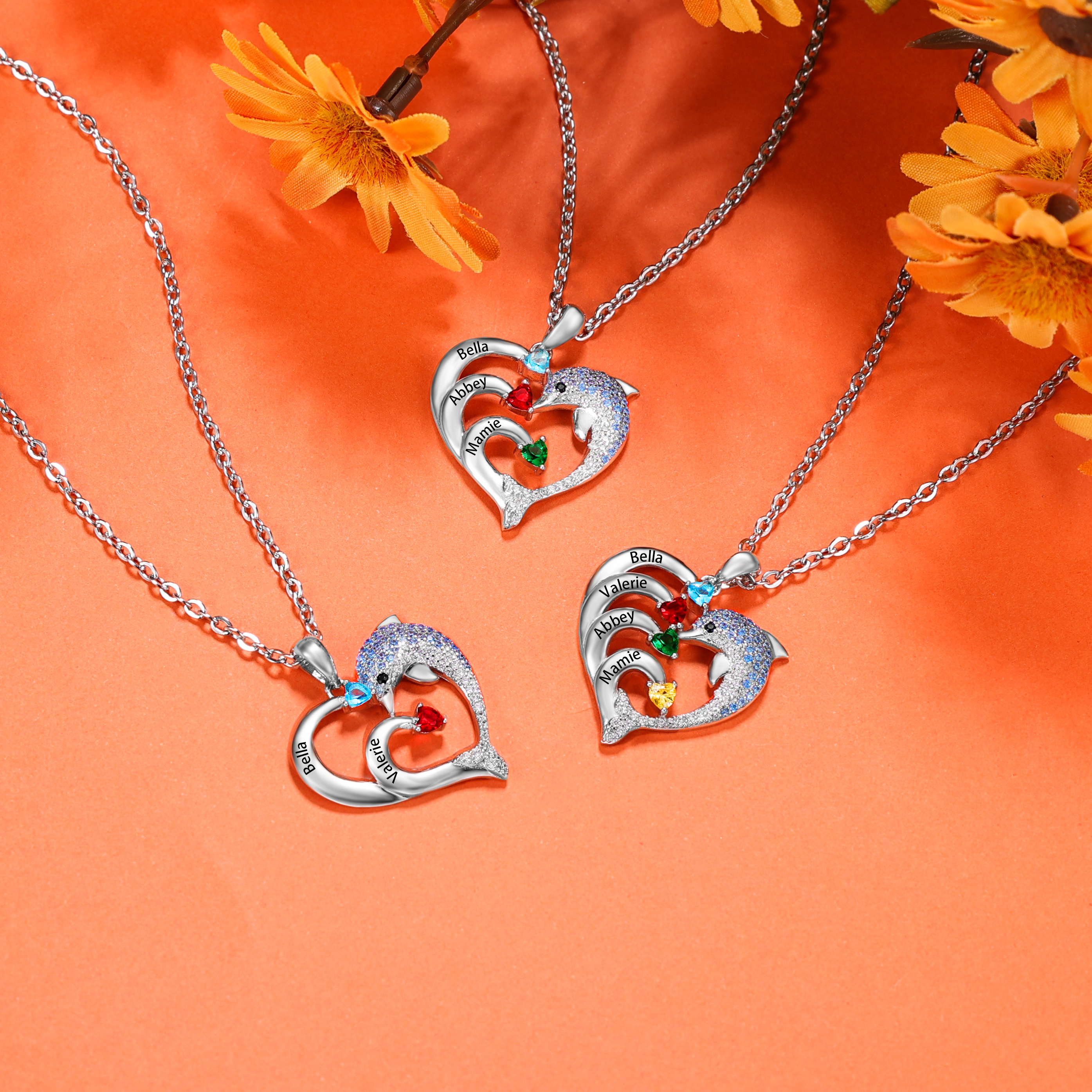Personalised Heart Dolphin Necklace With 5 Birthstones Engraved Names Gift For Mum-Jessemade AU