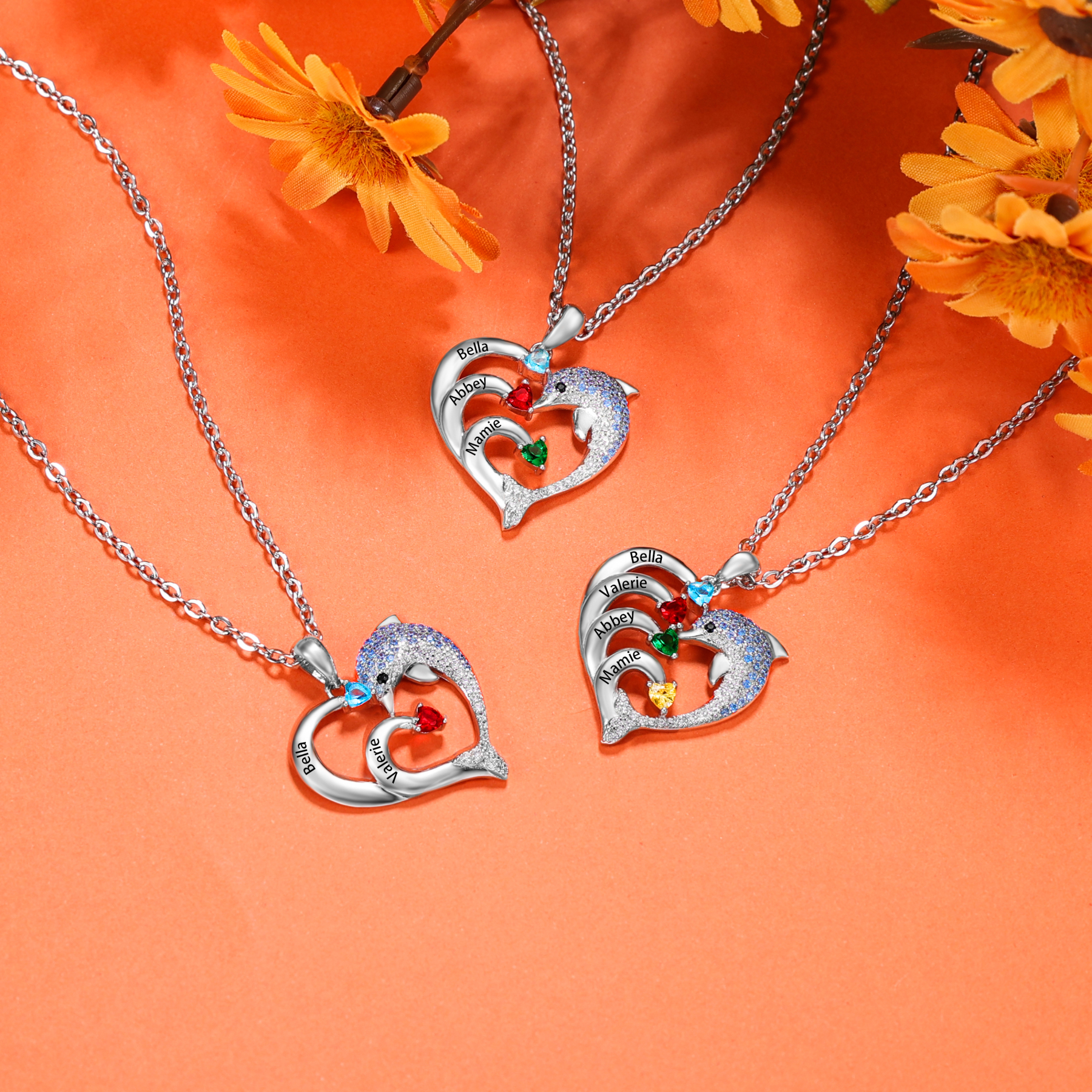 Personalised Heart Dolphin Necklace With 5 Birthstones Engraved Names Gift For Mum-Jessemade AU