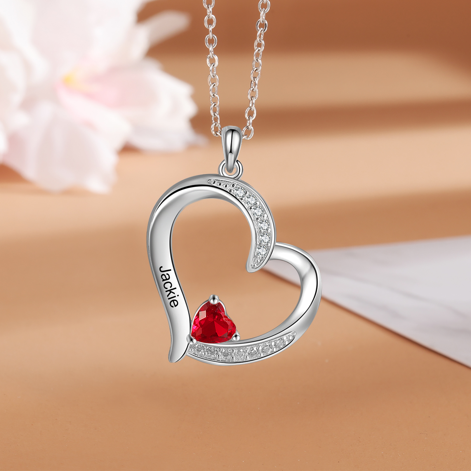 Personalised Heart Necklace With 1 Birthstone Engraved Names Gift For Her-Jessemade AU