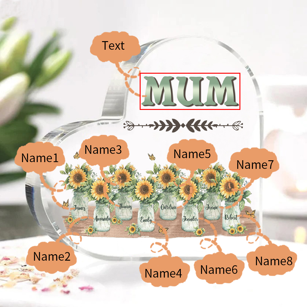 Personalised Acrylic Heart Keepsake Custom 8 Names & 1 Text Sunflower Vase Ornament Gifts for Mother/Grandma-Jessemade AU