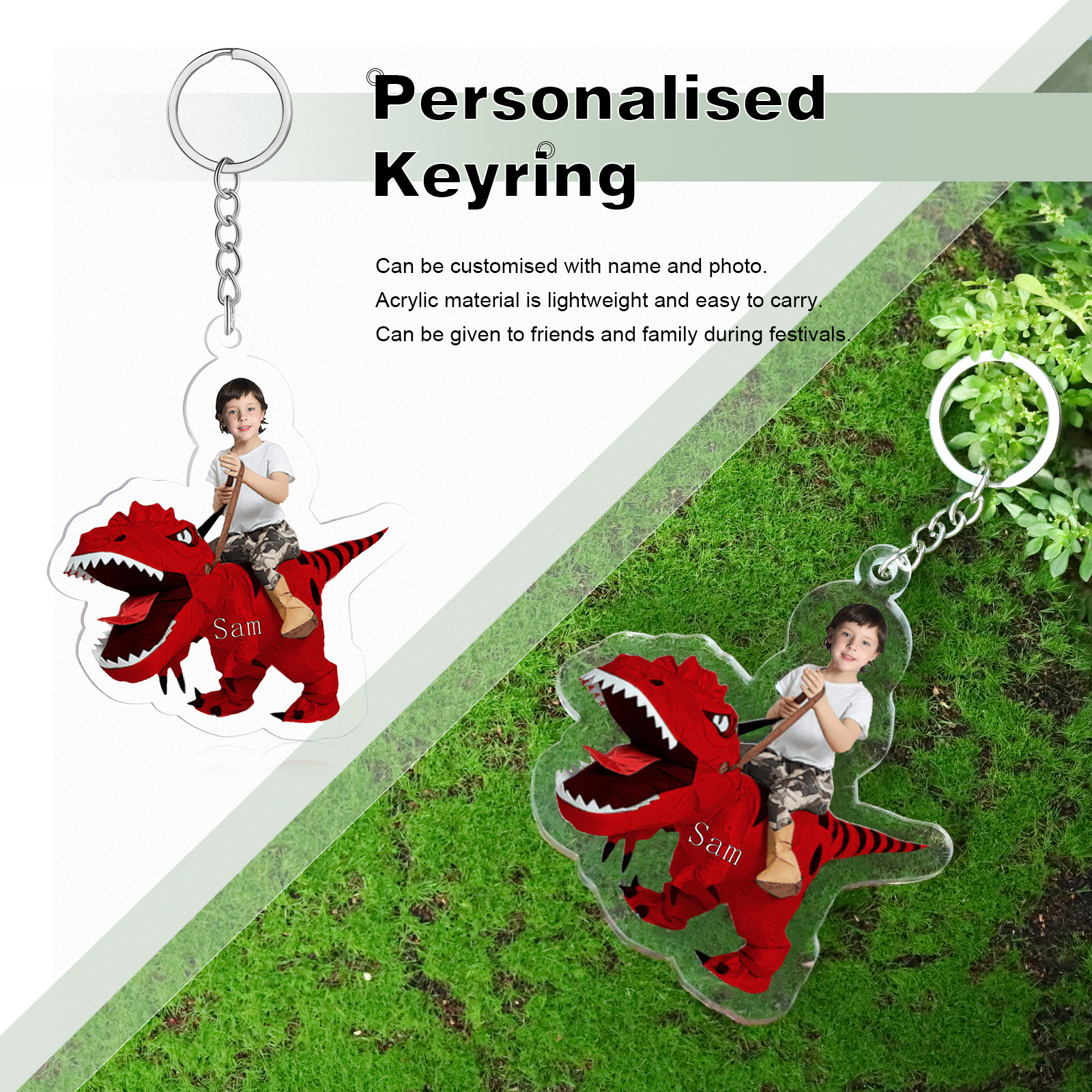 1 Name - Personalised Acrylic Dinosaur Keychain Customised Name & Photo Keychain Gift for Kids-Jessemade AU