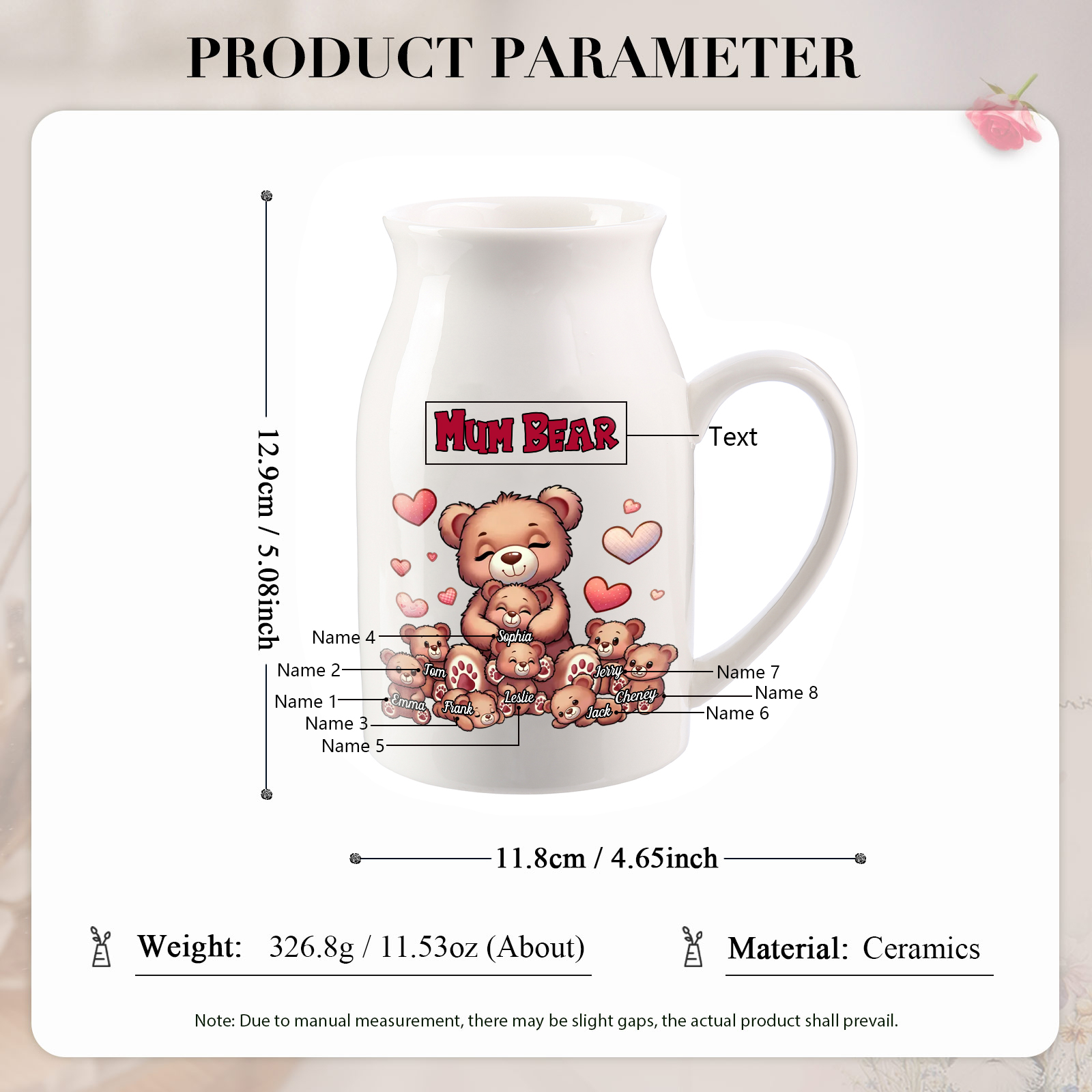 Personalised Ceramic Flower Vase Custom 2–8 Names & 1 Text Bear Family Vase Gift for Mother/Grandma-Jessemade AU