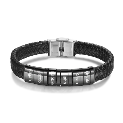 Men Leather Braided Bracelet Personalised with 6 Names Black-Jessemade AU