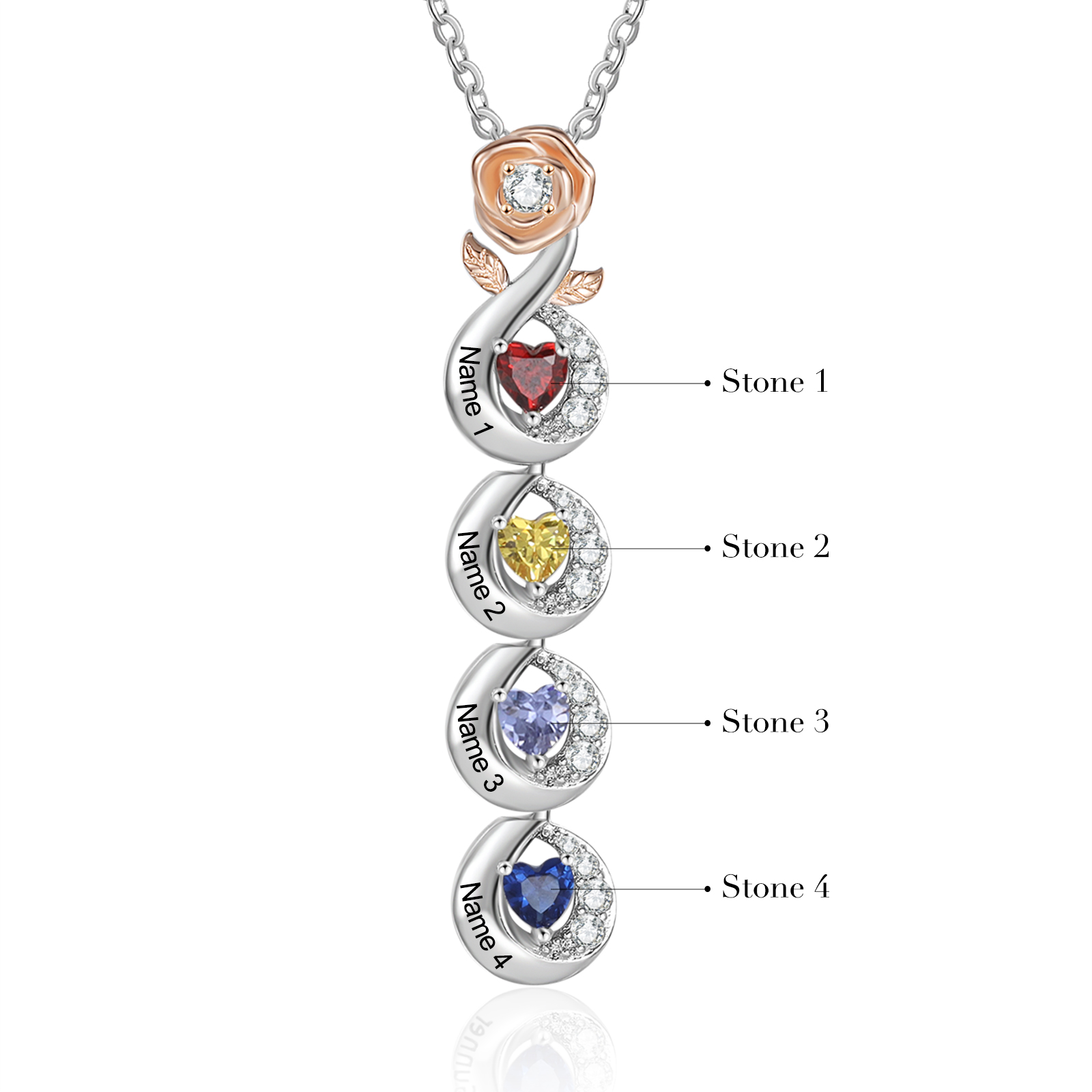 Custom Family Necklace Rose Pendant with 4 Birthstones Engraving 4 Names Gifts for Her-Jessemade AU