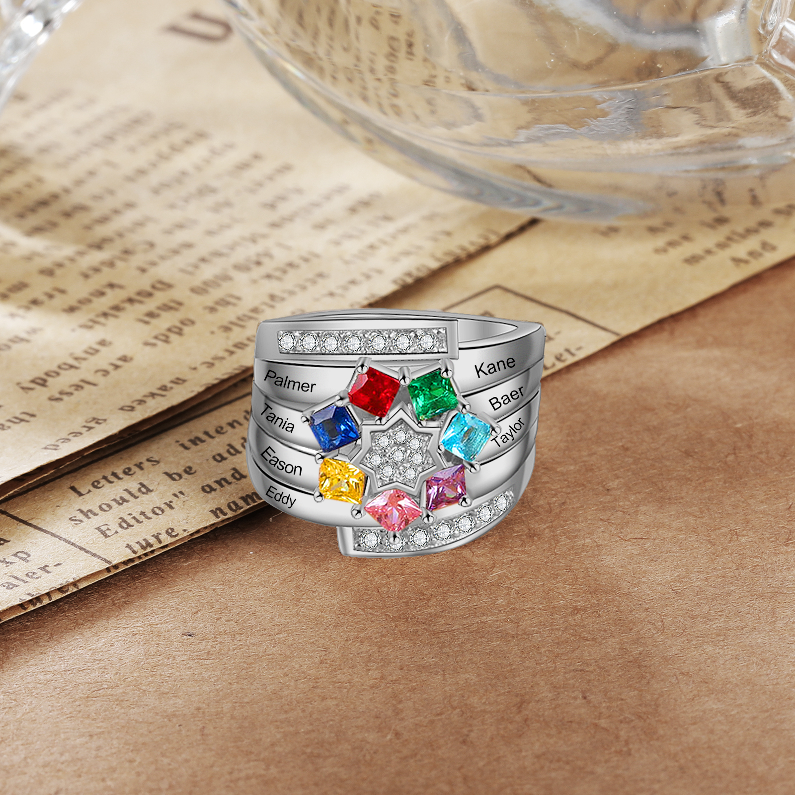 Personalised Mothers Ring With 7 Birthstones Engraved Names Ring Gift For Women-Jessemade AU