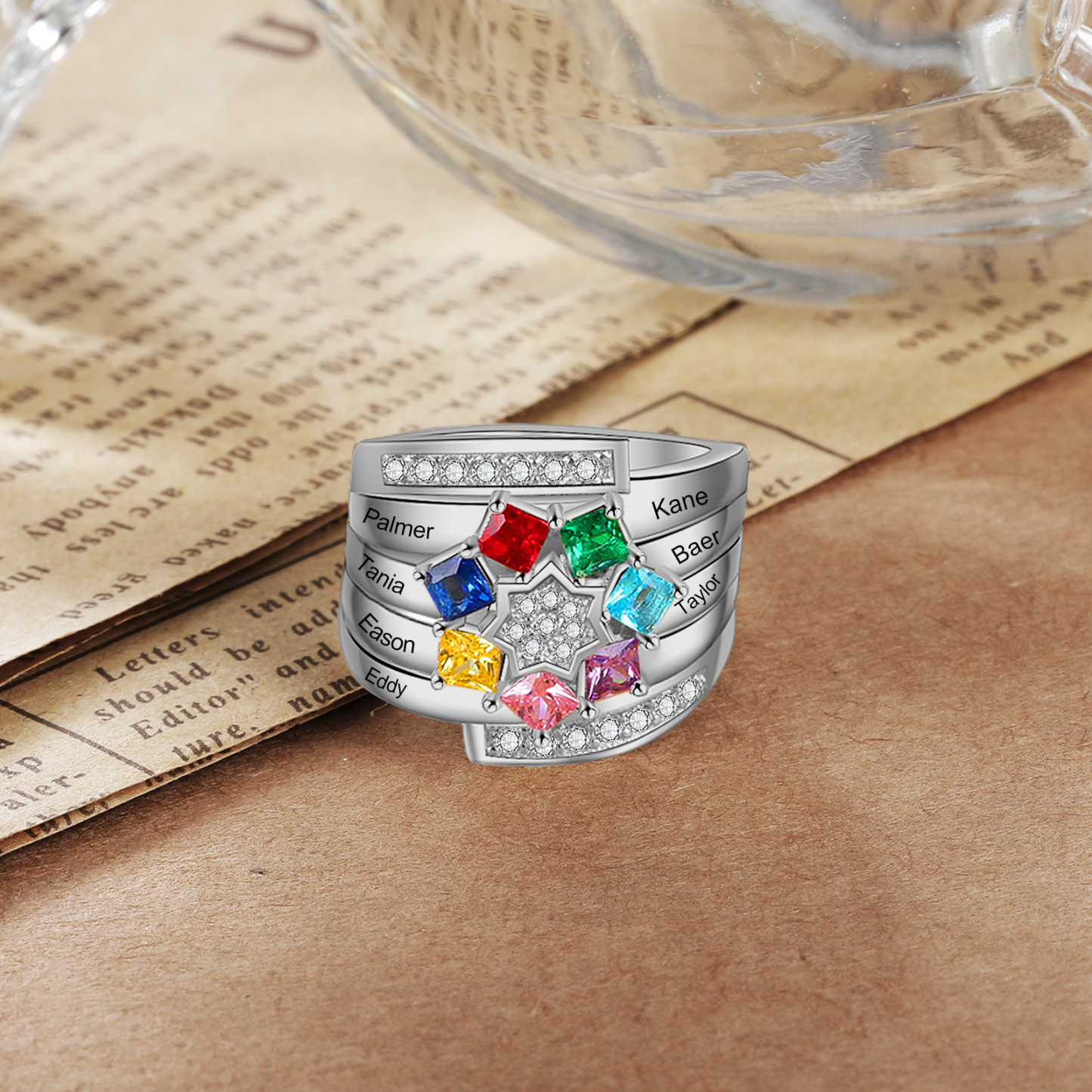 Personalised Mothers Ring With 7 Birthstones Engraved Names Ring Gift For Women-Jessemade AU