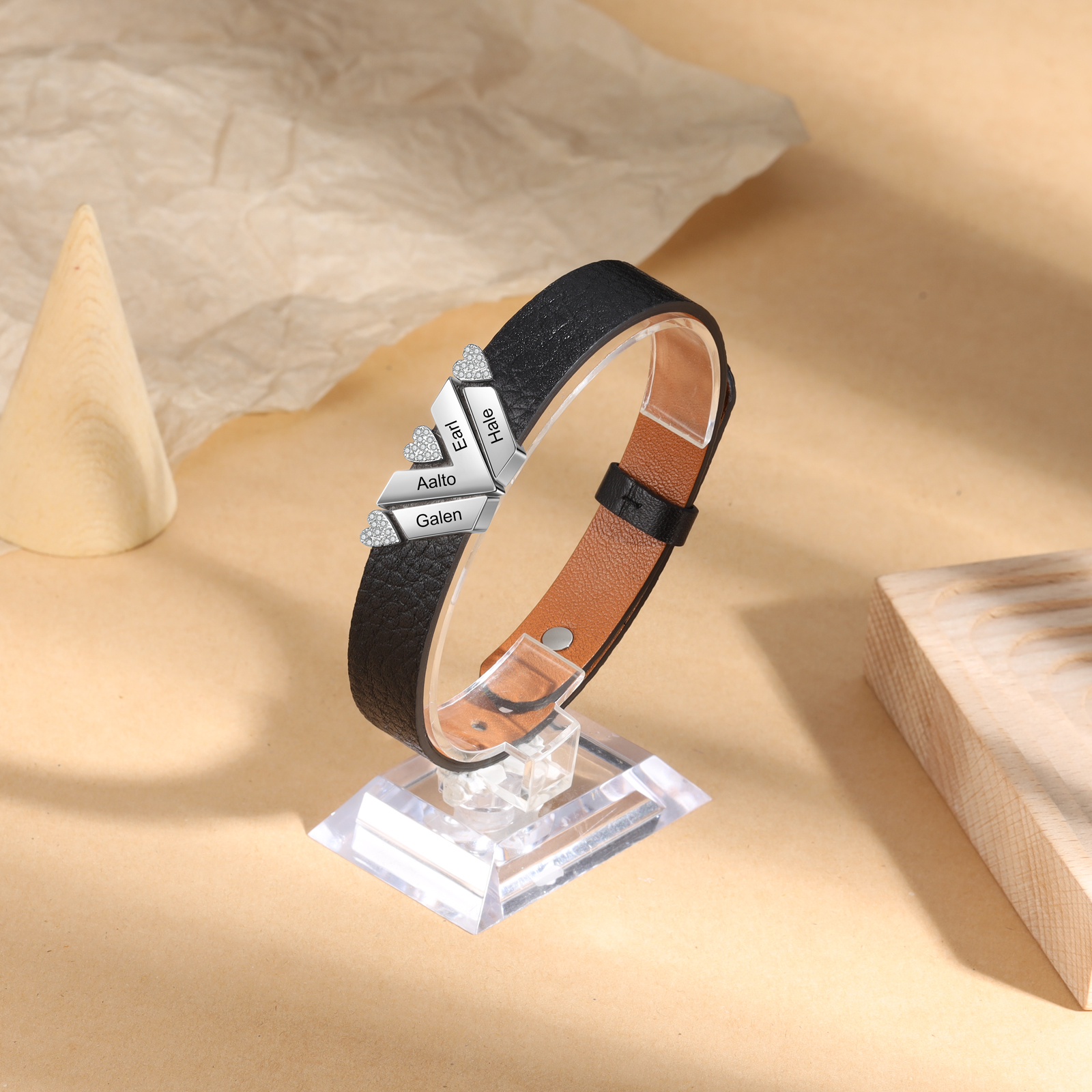 Customised Leather Bracelet with Beads Engraved 4 Names Bangle for Him-Jessemade AU