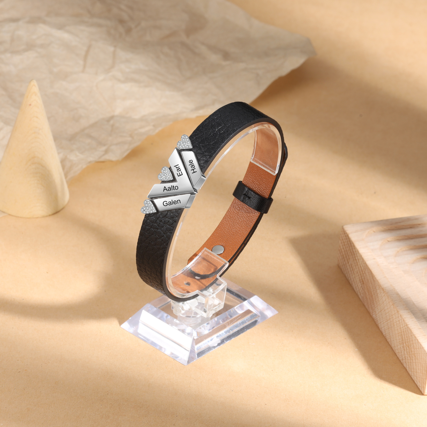 Customised Leather Bracelet with Beads Engraved 4 Names Bangle for Him-Jessemade AU