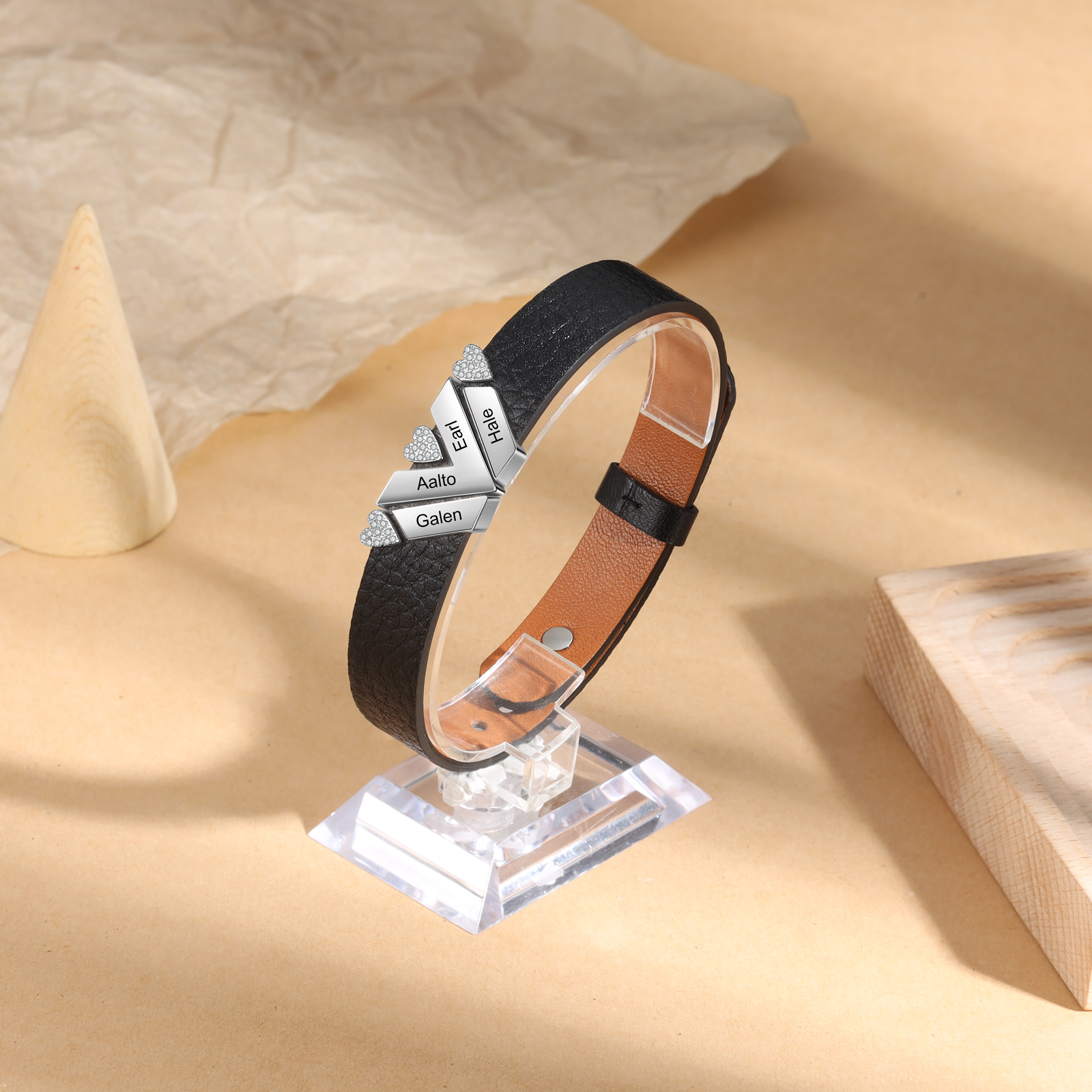 Customised Leather Bracelet with Beads Engraved 4 Names Bangle for Him-Jessemade AU