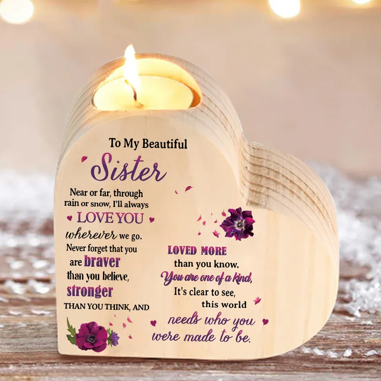 To My Beautiful Sister Violet Flower Heart Candle Holder "I'll always love you wherever we go" Wooden Candlestick-Jessemade AU
