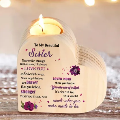 To My Beautiful Sister Violet Flower Heart Candle Holder "I'll always love you wherever we go" Wooden Candlestick-Jessemade AU