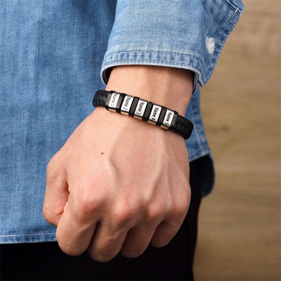 Men Leather Braided Bracelet Personalised with 5 Names 5 Beads Gift For Father's Day-Jessemade AU