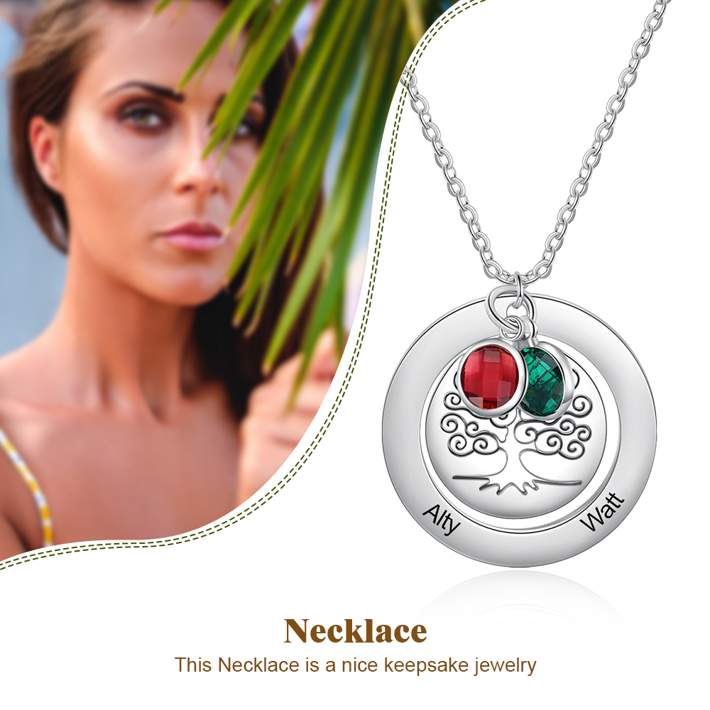 Personalised Family Tree Necklace with 2 Birthstones Engraved Names Gift For Women-Jessemade AU