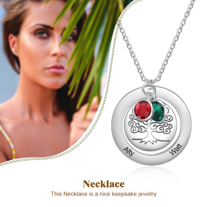 Personalised Family Tree Necklace with 2 Birthstones Engraved Names Gift For Women-Jessemade AU