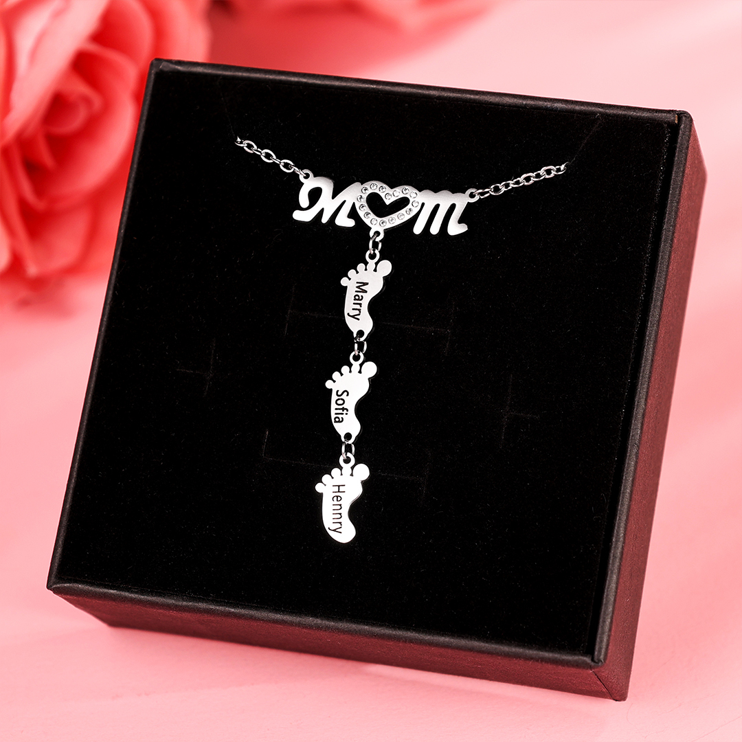 Mother's Day Personalised Baby Feet Necklace Engraved 3 Names Necklace Gifts For Mum-Jessemade AU