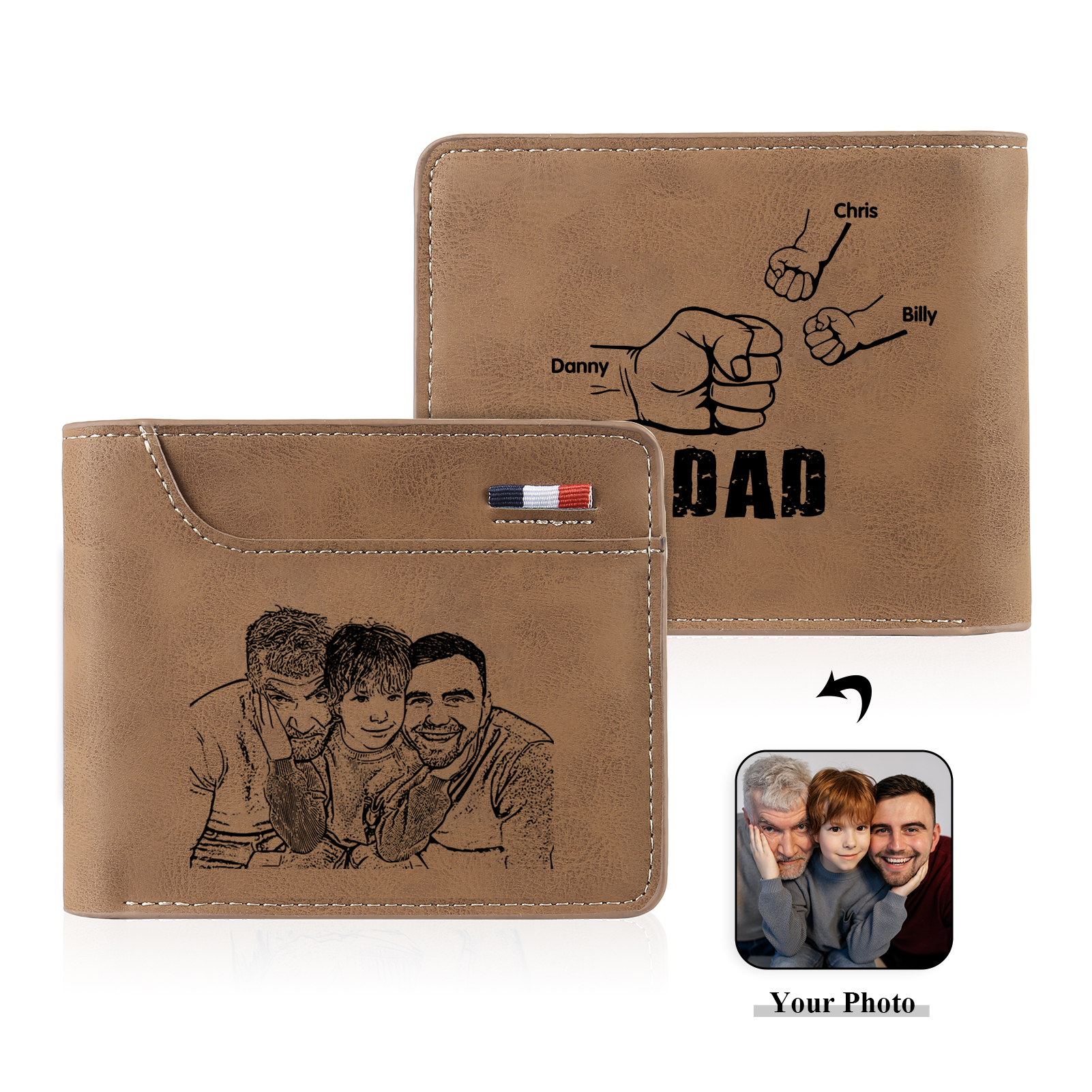 3 Names - Personalised Men Leather Wallet Custom Name & Photo & Text Folding Wallet Fist Bump Wallet Gift for Dad-Jessemade AU