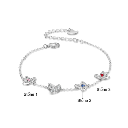 Personalised Butterfly Bracelet with 3 Birthstones Engraved Names Best Gift For Her-Jessemade AU
