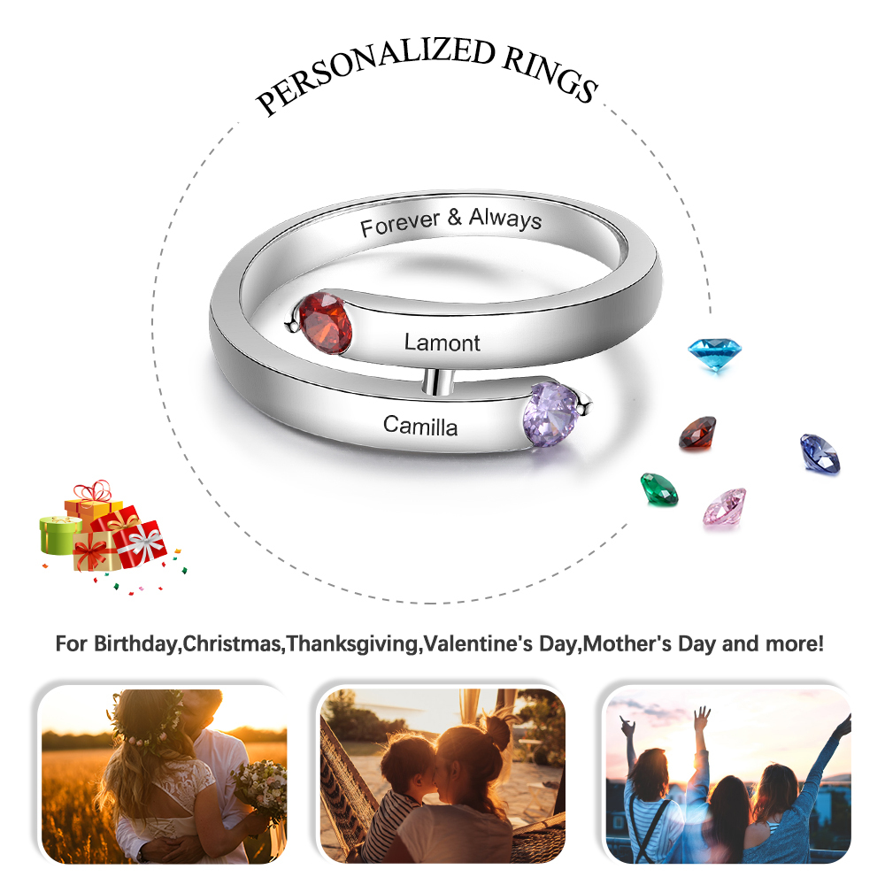 S925 Silver Ring Personalised 2 Birthstones Promise Ring With Names Gifts For Her-Jessemade AU