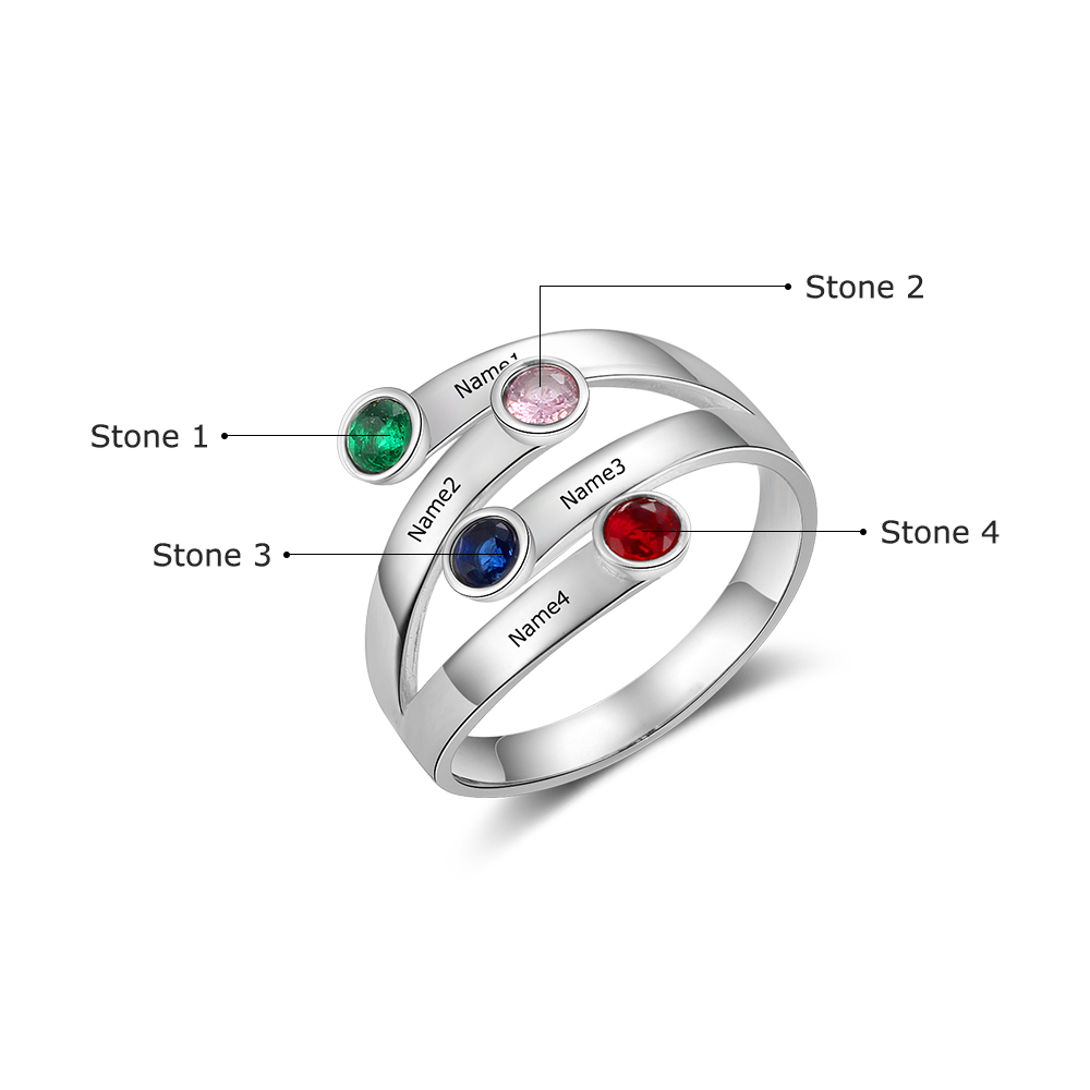 Personalised Ring With 4 Birthstones Engraved Names Ring Gift For Women-Jessemade AU