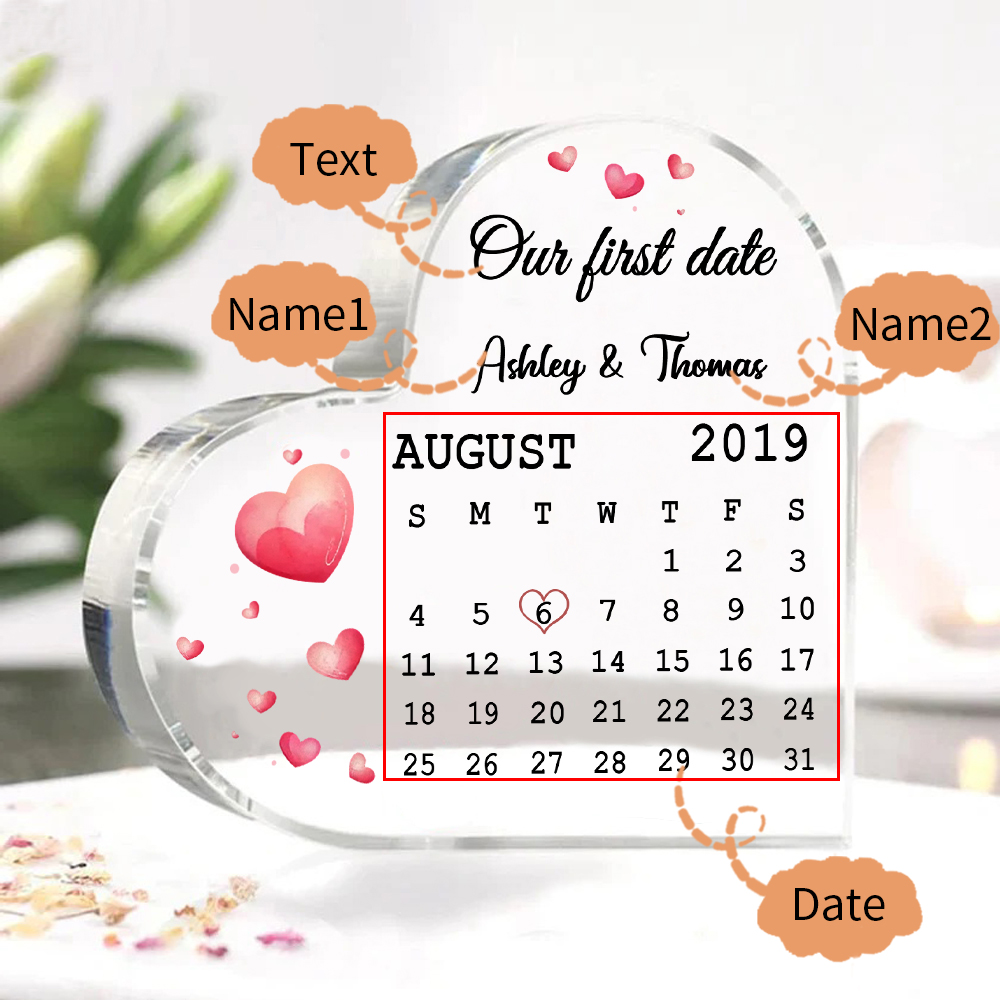 Couple Acrylic Heart Keepsake Custom 2 Names & Date & Text Calendar Ornament Valentine's Day Gift - Our First Date-Jessemade AU