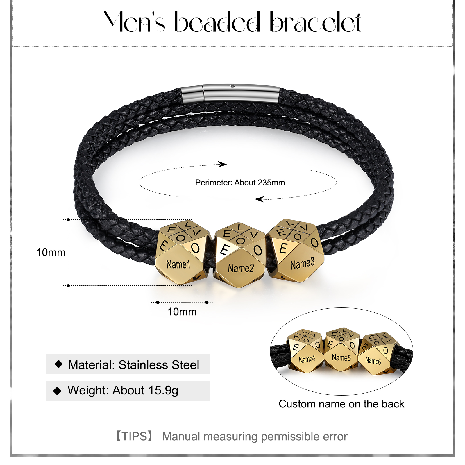 Personalised Braided Leather Bracelet Engraved 6 Names polyhedron Men's Bracelet Gifts For Him-Jessemade AU