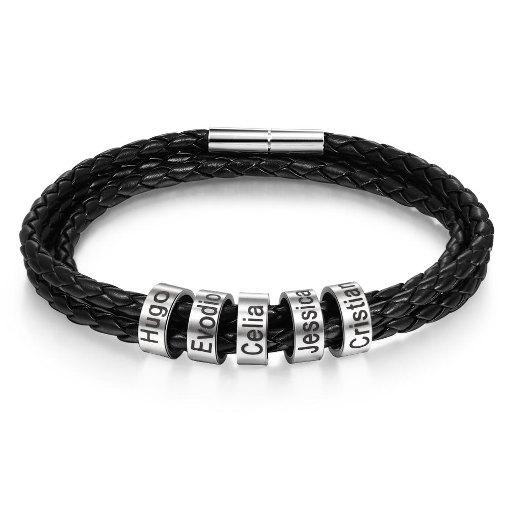 Leather Braided Bracelet Men Bracelets Personalised 5 Names 5 Beads Gifts For Dad