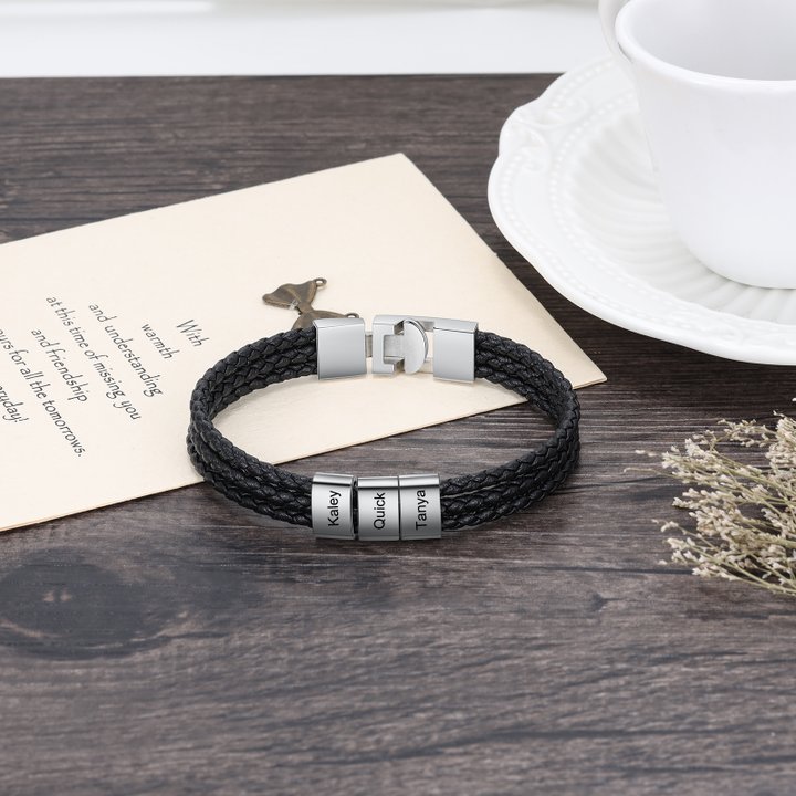 Personalised Braided Leather Bracelet Engraved 3 Names Men's Bracelet Gifts For Him-Jessemade AU