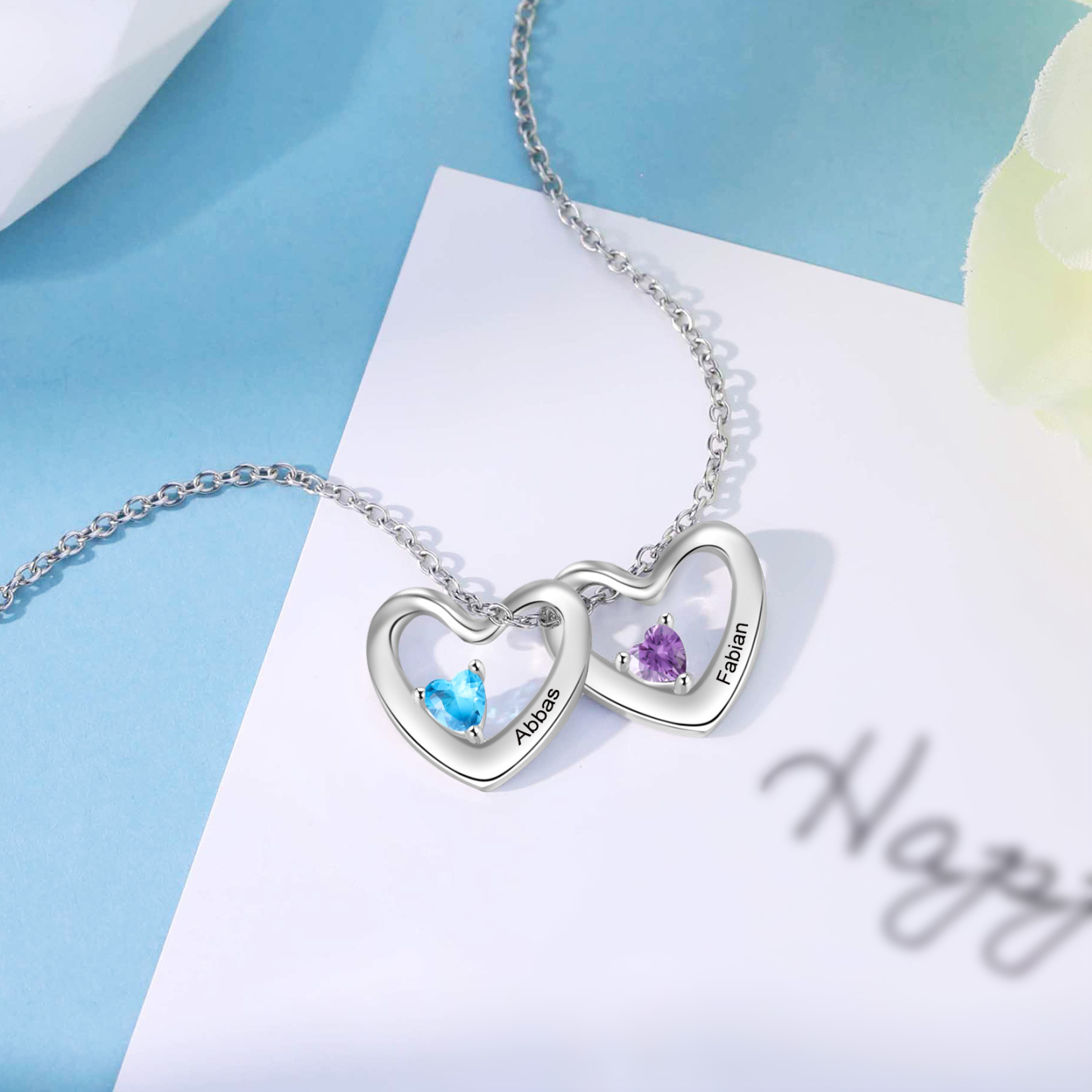 2 Names - Personalised Women's Necklace Heart Pendant Necklace Customised Name & Birthstone Birthday Gift for Her-Jessemade AU