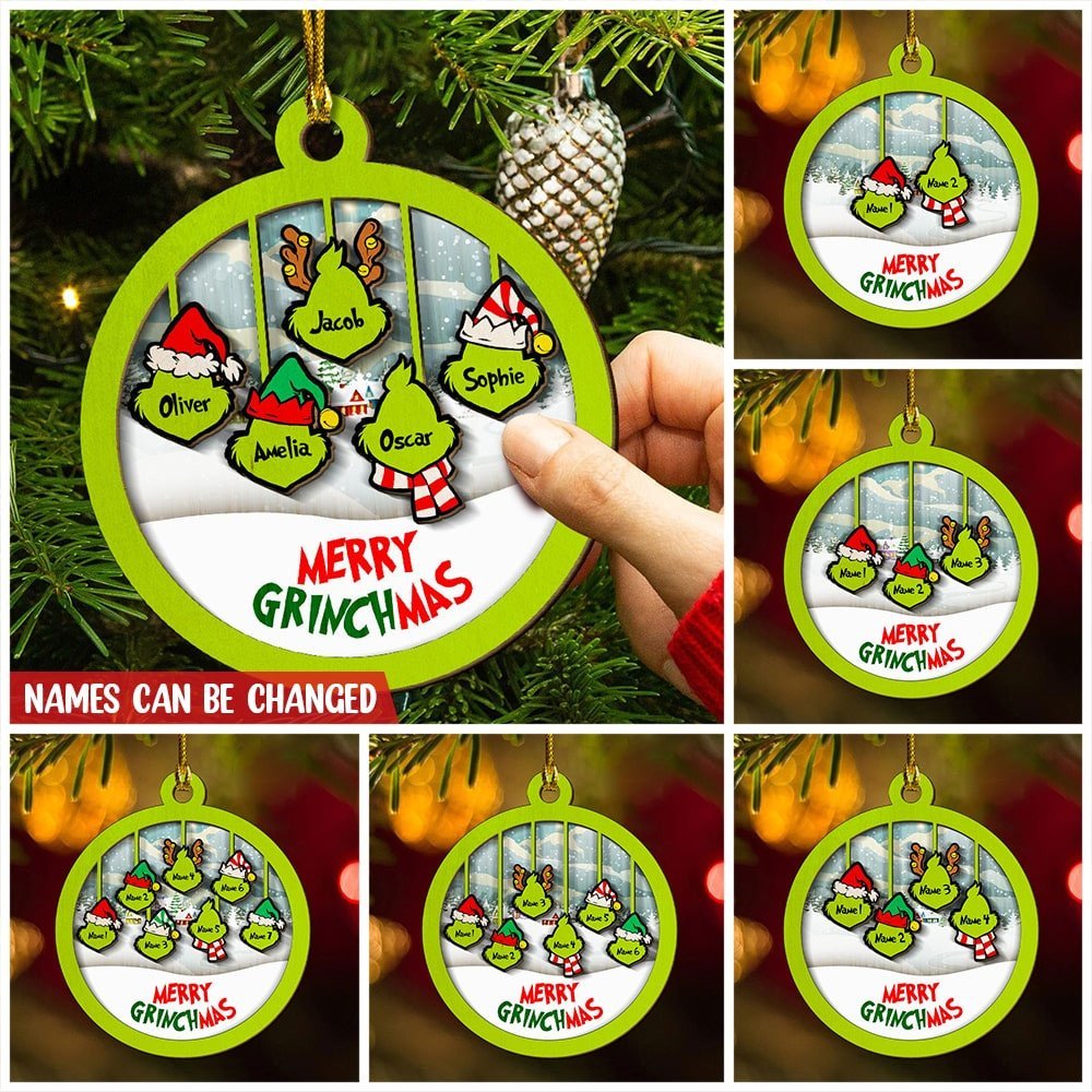 Merry Grinchmas Family Ornament Custom 7 Names Wooden Ornament-Jessemade AU
