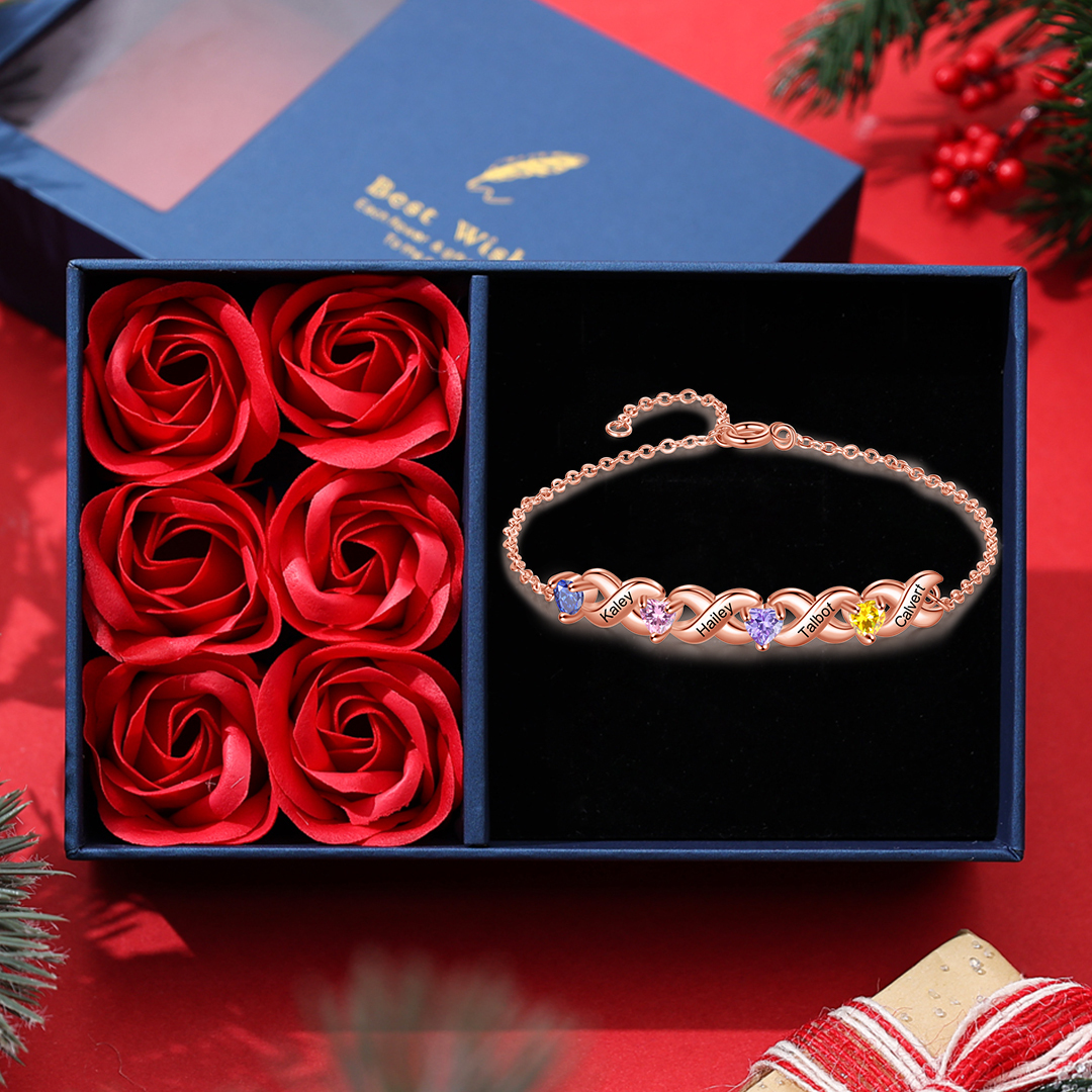 Family Custom Bracelet Heart Personalised with 4 Birthstones Gift Box Set-Jessemade AU