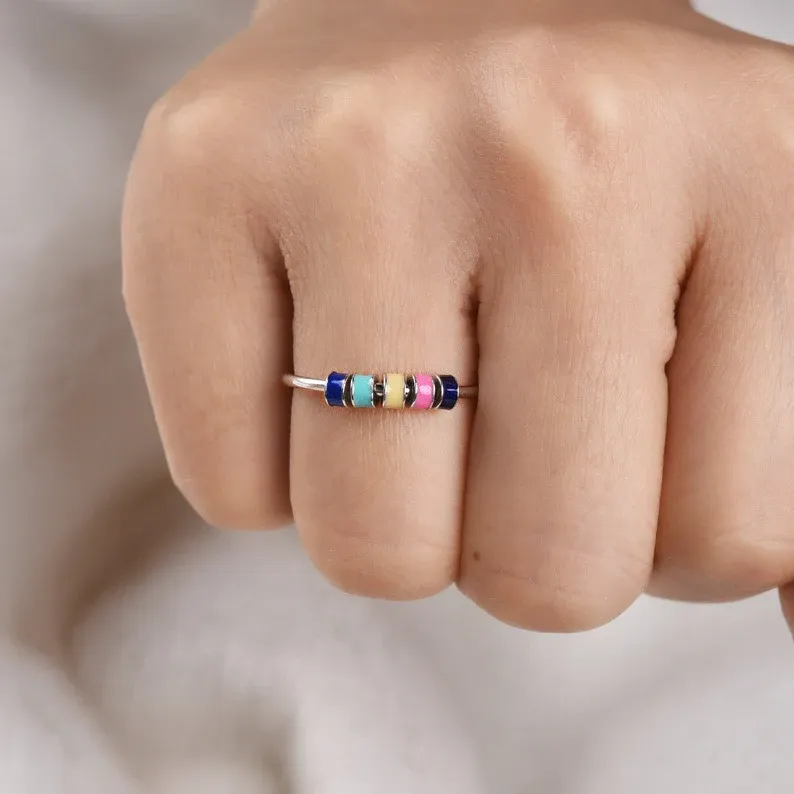 For Daughter-S925 Colourful Beads Fidget Ring Anxiety Spinning Ring" Your anxiety is lying to you"-Jessemade AU