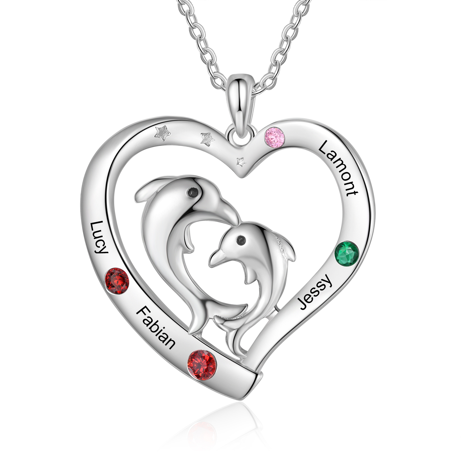 Personalised Heart Dolphin Pendant Necklace Custom 4 Birthstones Engraved 4 Names Necklace Gift for Her-Jessemade AU