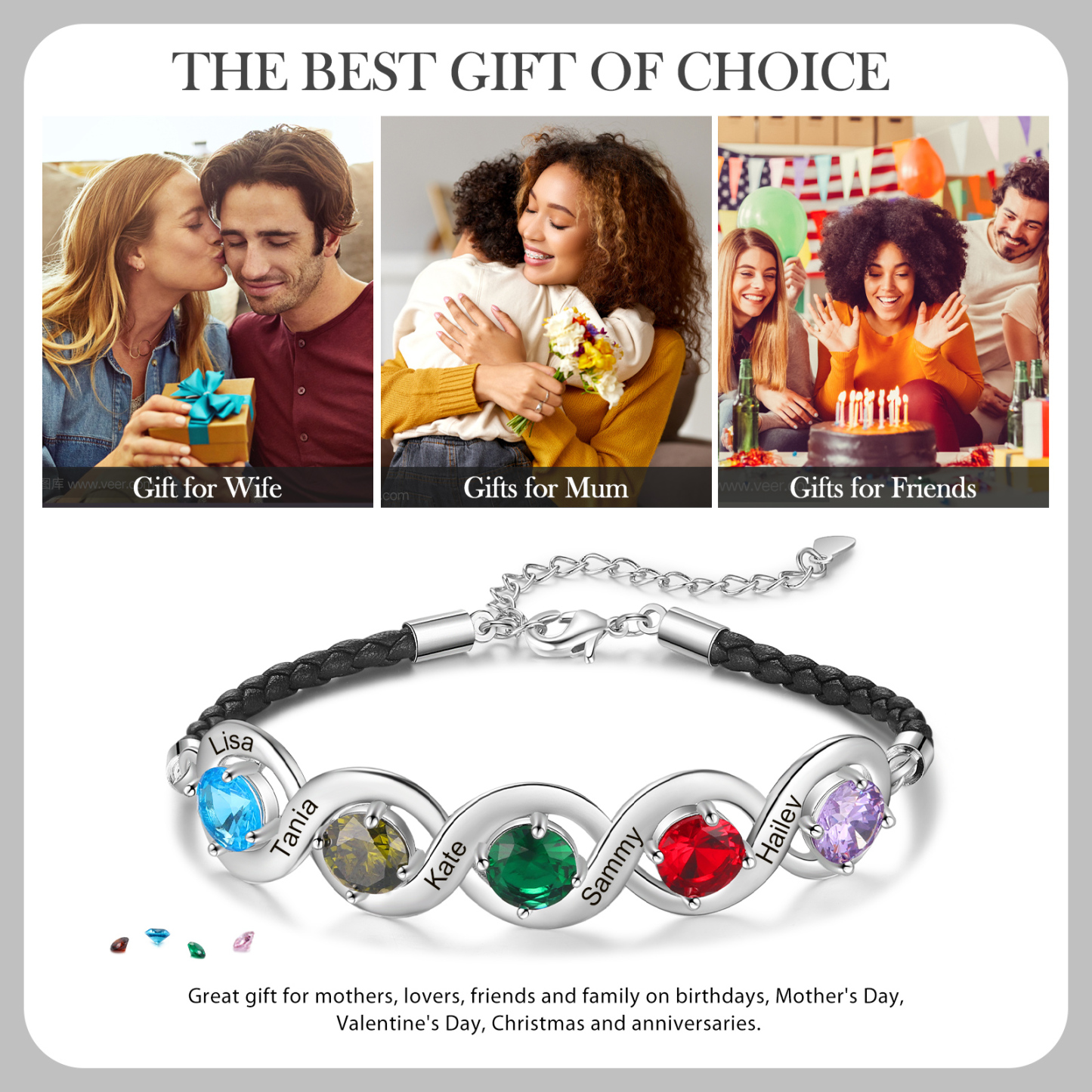 Personalised Infinity Bracelets Custom 5 Birthstones & 5 Names Adjustable Bracelet Gift for Her-Jessemade AU