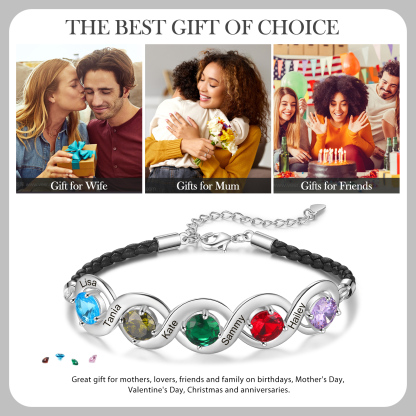 Personalised Infinity Bracelets Custom 5 Birthstones & 5 Names Adjustable Bracelet Gift for Her-Jessemade AU