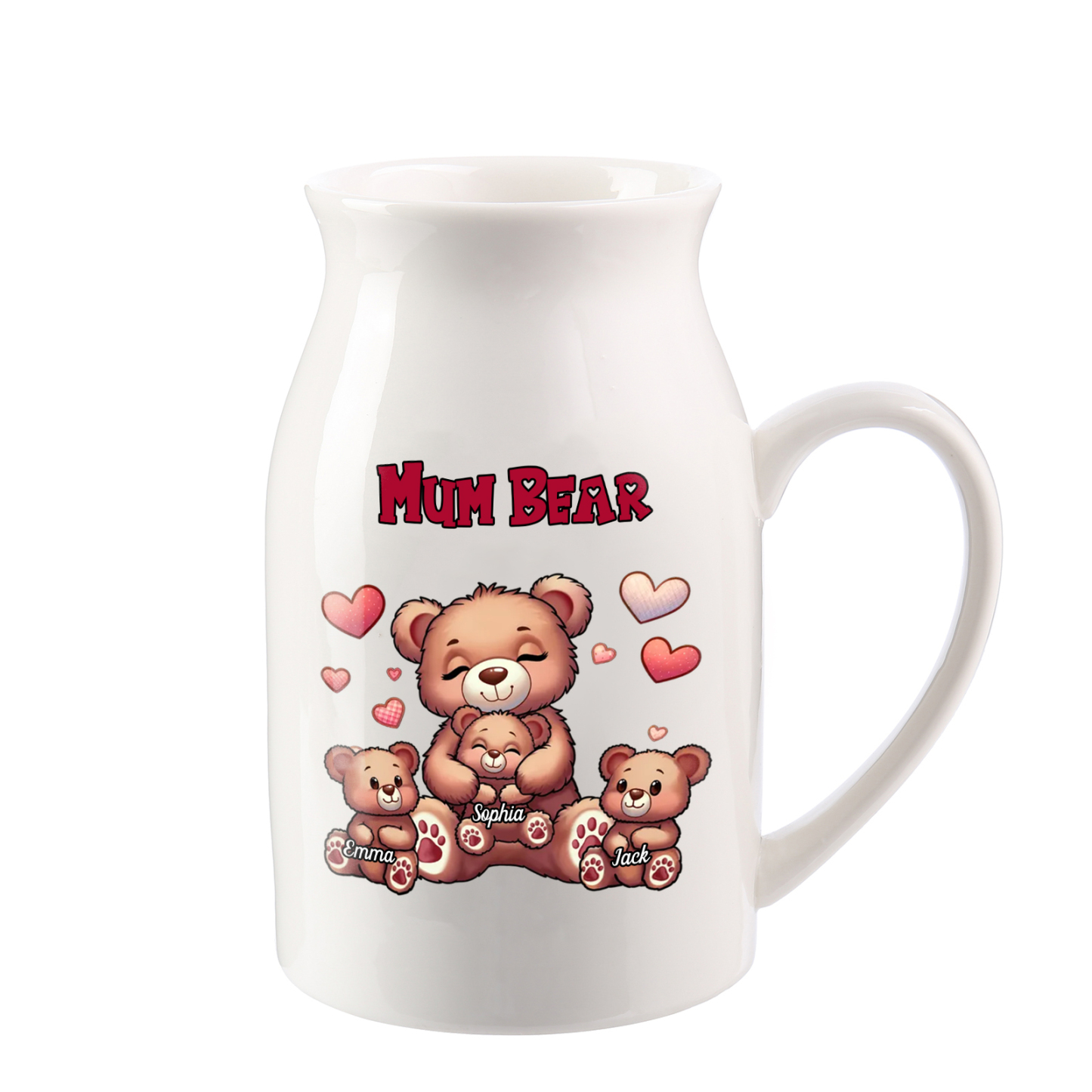 Personalised Ceramic Flower Vase Custom 2–8 Names & 1 Text Bear Family Vase Gift for Mother/Grandma-Jessemade AU