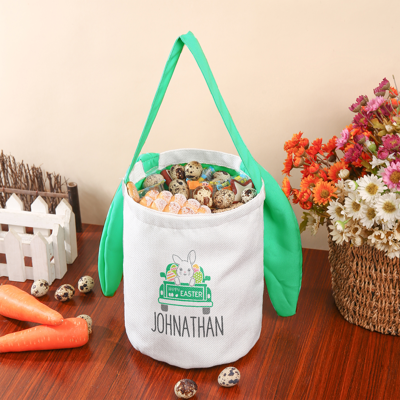 Easter Bunny Tote Bag Personalised Name & Text Bucket Bag Bunny Truck Basket Gifts For Kids-Jessemade AU