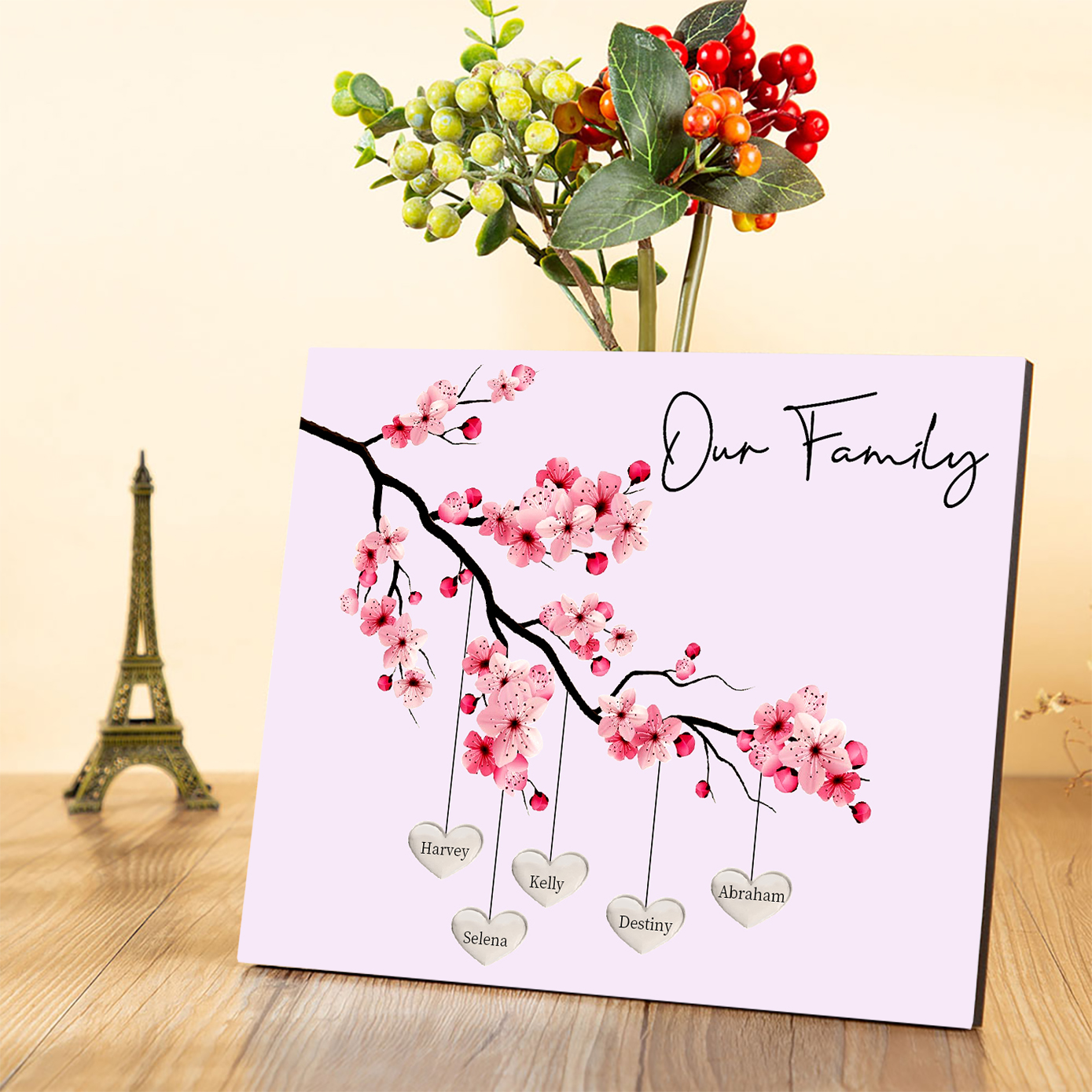 Personalised Plum Blossom Family Tree Picture Board Keepsake Wood Signs Photo Frame Engrave 5 Names-Jessemade AU