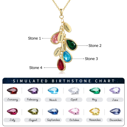 Personalised Leaf Necklace With 4 Heart Birthstones Engraved Names Gift For Her-Jessemade AU