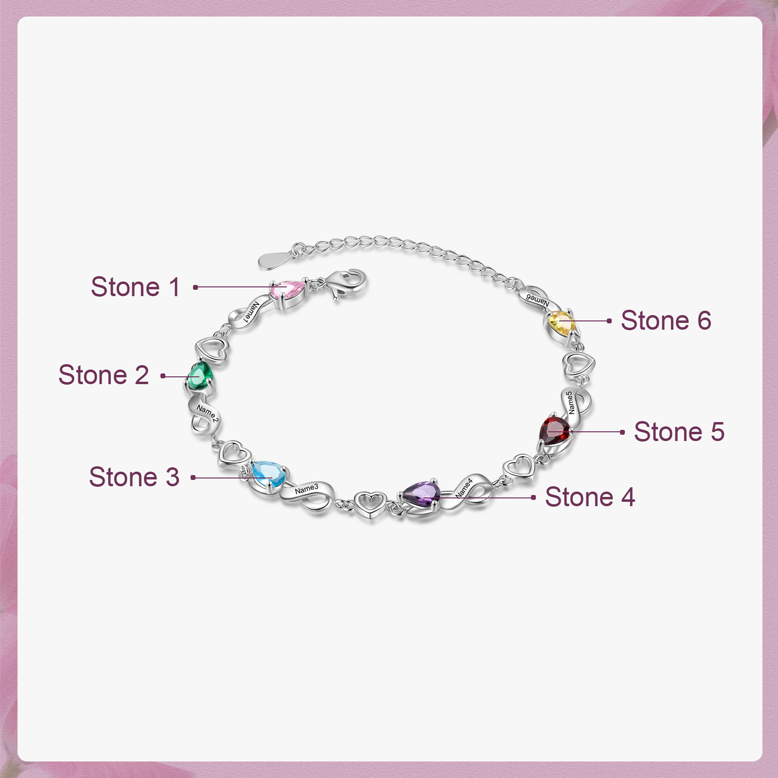 Personalised 6 Birthstones Heart Bracelet Engraved Names Bracelet Gifts For Women-Jessemade AU