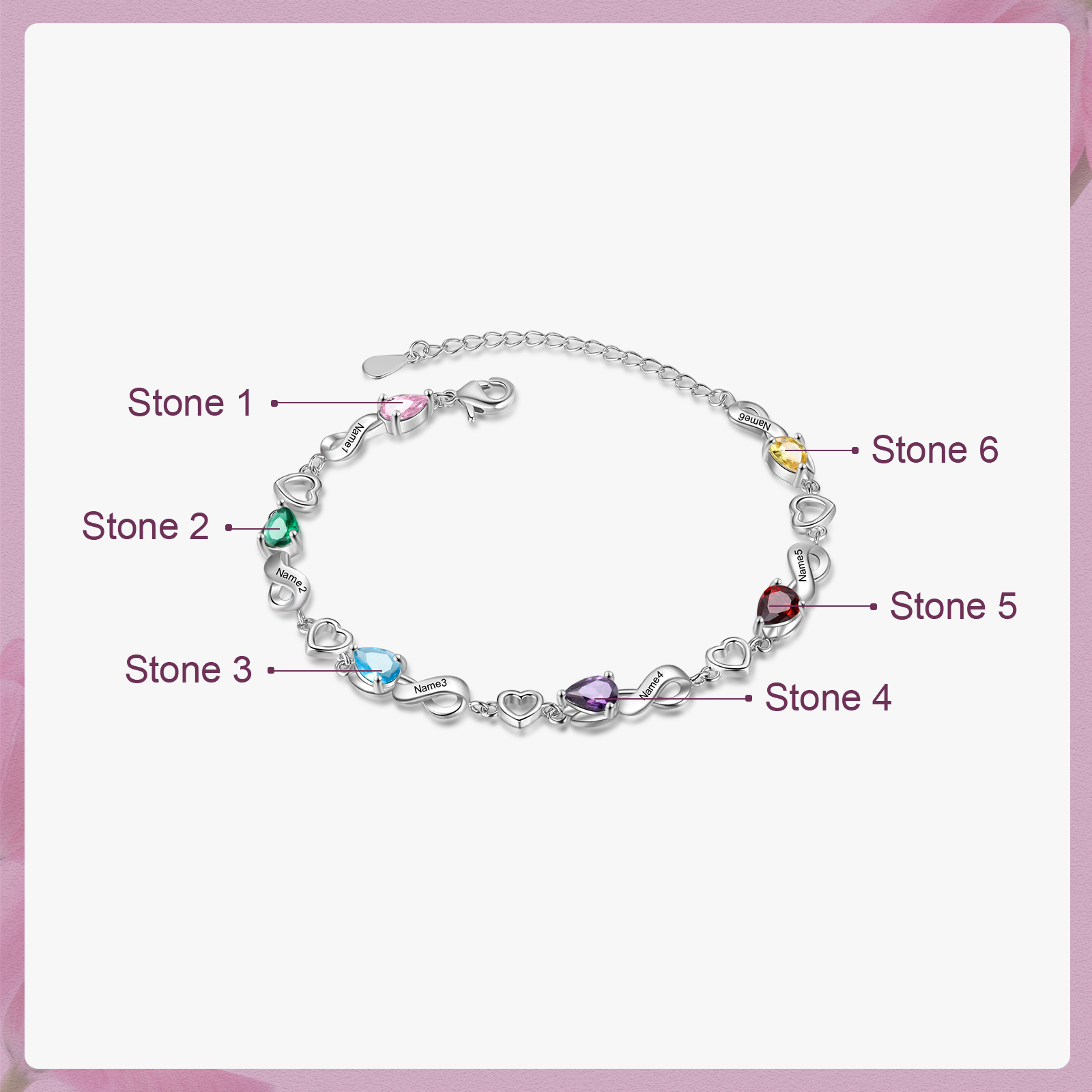 Personalised 6 Birthstones Heart Bracelet Engraved Names Bracelet Gifts For Women-Jessemade AU