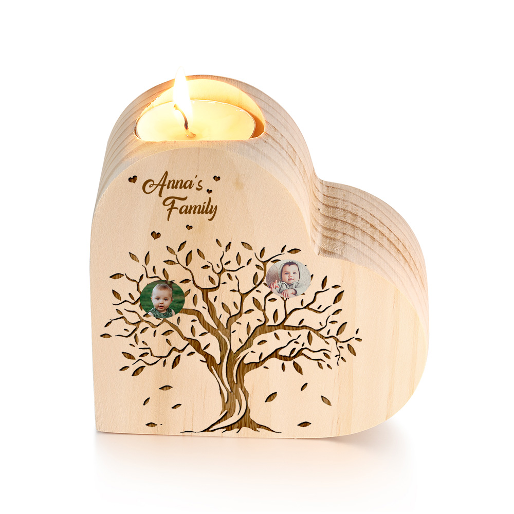 Family Photo Wooden Heart Candle Holder Custom 2 Photos Family Tree Candlesticks-Jessemade AU